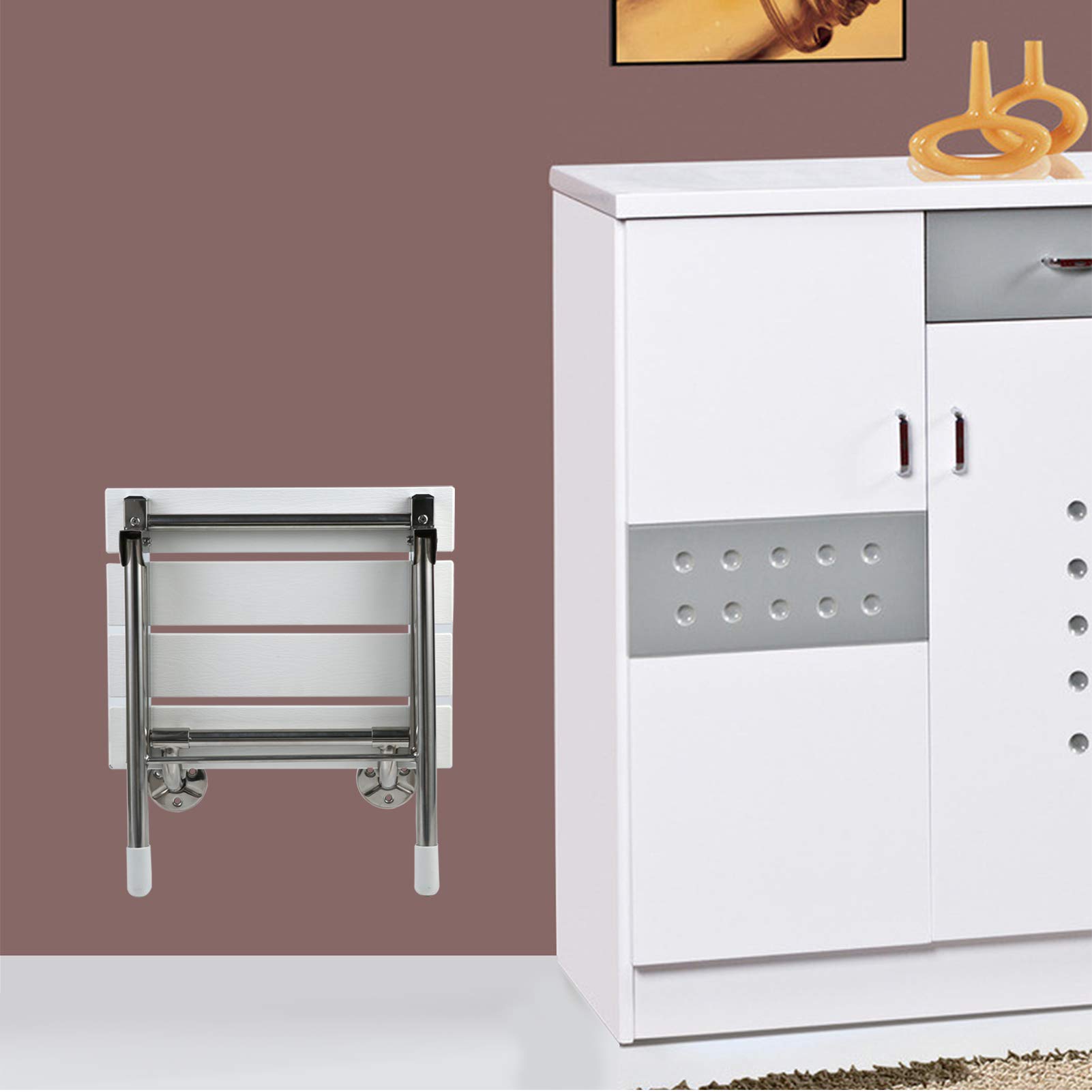 **Wall Mounted Folding Shower Seat – Solid Wood Bathroom Safety Stool with Support Legs, 350 lbs Weight Capacity, 14.88