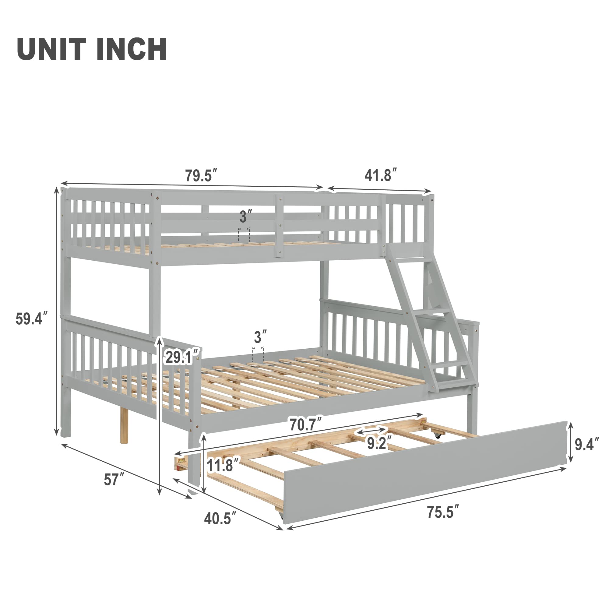 Convertible Twin Over Full Bunk Bed with Trundle - Solid Wood Frame for Kids & Adults - Space Saving for Small Rooms
