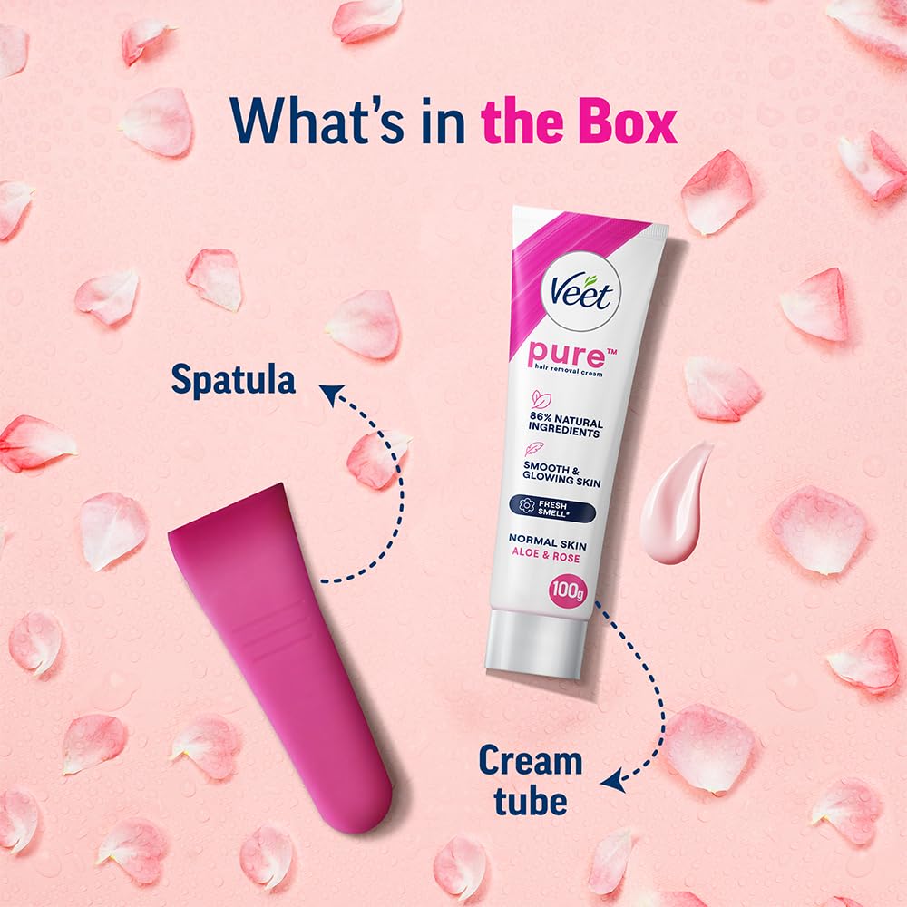 Veet Pure Hair Removal Cream for Women - 100g | Gentle Formula for Normal Skin | Safe for Legs, Underarms, Bikini Line & Arms | Painless At-Home Hair Removal Solution | Perfect for Beach Prep & Smooth Summer Skin