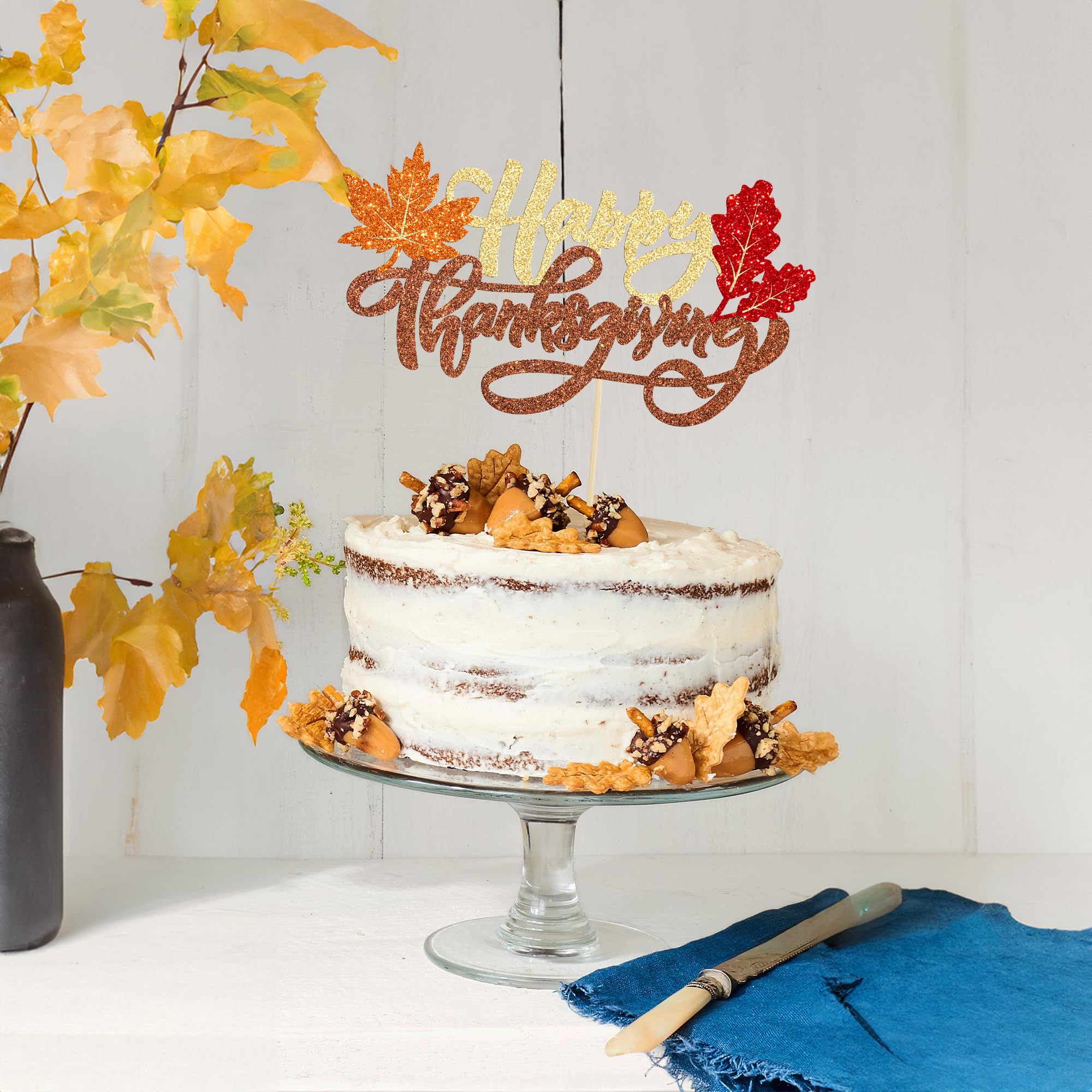 Happy Thanksgiving Cake Topper - Glitter Maple Leaves Cake Decorations for Friendsgiving, Autumn & Fall Theme Parties | Give Thanks Cake Picks for Thanksgiving Day Celebration | Perfect for Dessert Table, Holiday Baking & Festive Decor