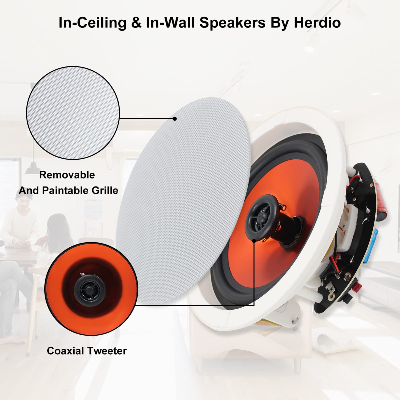 Herdio 6.5'' In-Wall In-Ceiling Bluetooth Speakers 600W 2-Way Flush Mount Speaker System with Amplifier for Home Theater, Office, Bathroom (2 Pairs, Paintable Grille) - Perfect for Multi-Room Audio, Background Music & Home Entertainment Systems