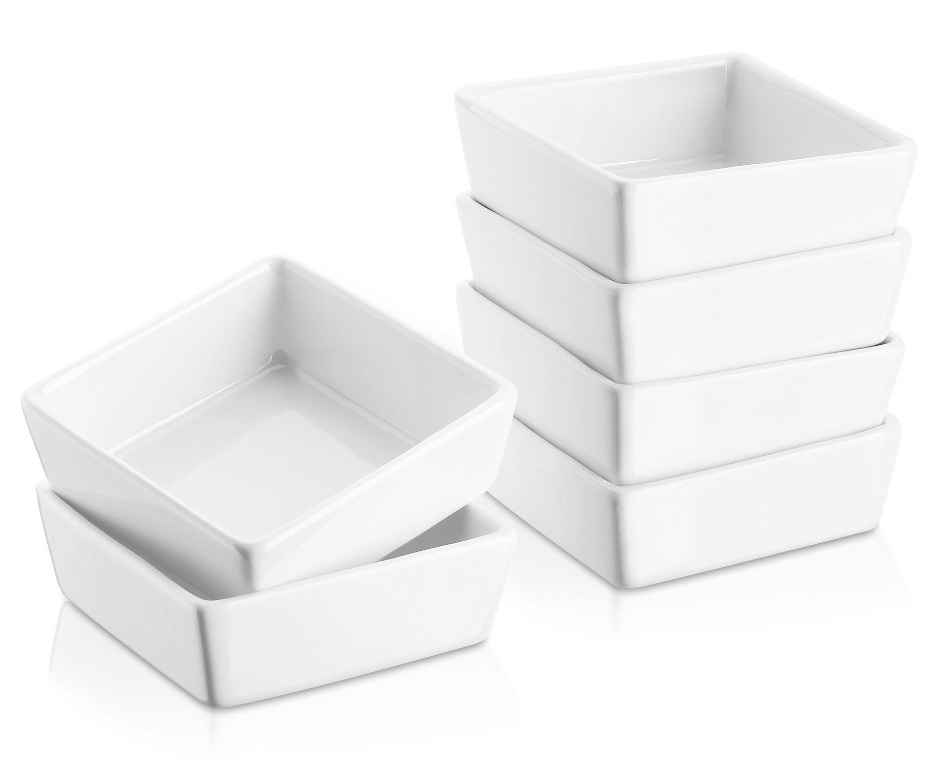 DOWAN 6 oz Square Porcelain Ramekins - Oven Safe Baking Dishes for Creme Brulee, Souffle, Desserts, Appetizers & Dipping Sauces (Set of 6, White) - Perfect for Home Baking, Restaurant Use & Party Serving