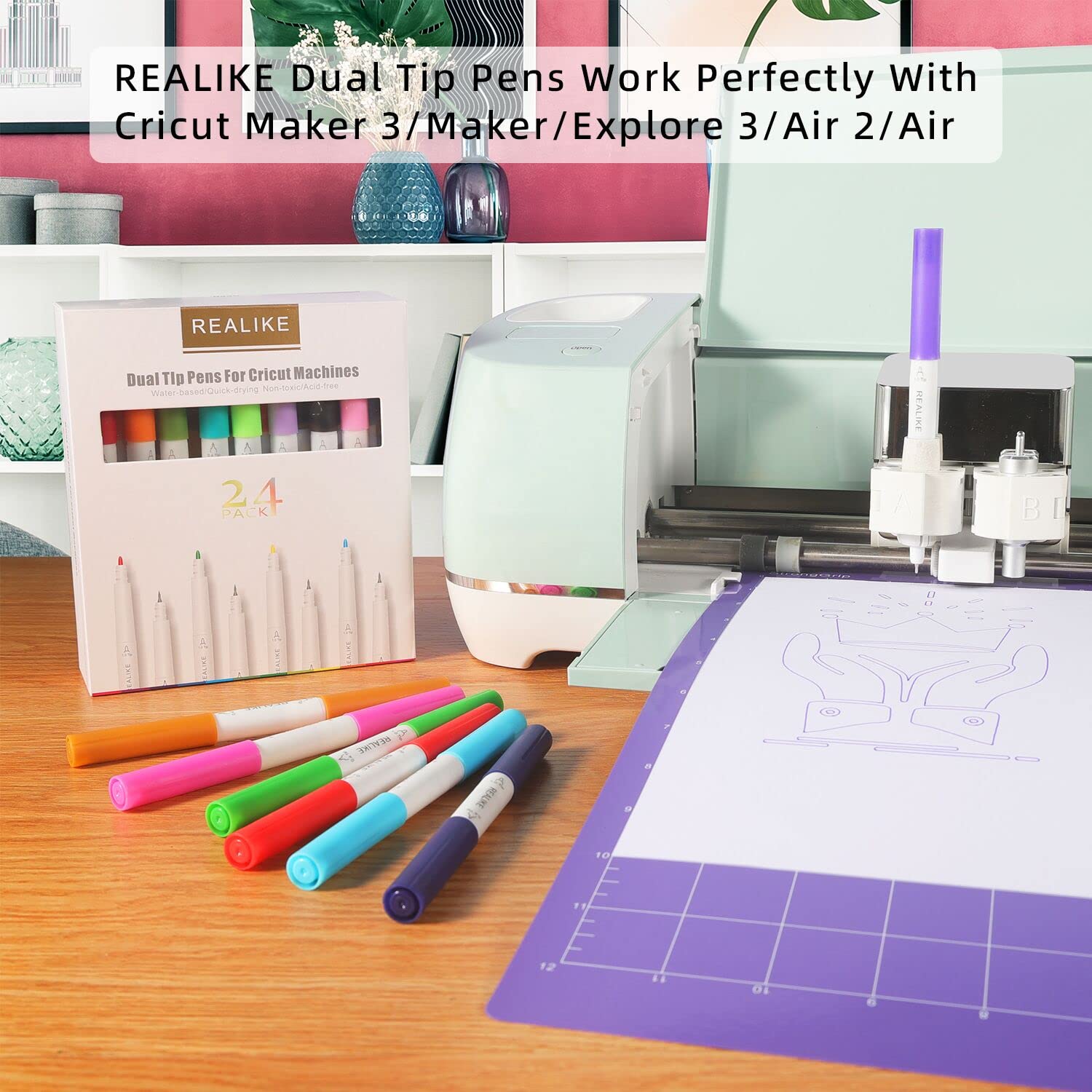 REALIKE 24-Pack Dual Tip Marker Pens for Cricut Maker 3, Maker, Explore 3, Air 2 & Air - Fine Point (0.4mm) & Bold (1.0mm) Writing & Drawing Pens - Perfect for DIY Crafts, Scrapbooking, Card Making & Vinyl Projects