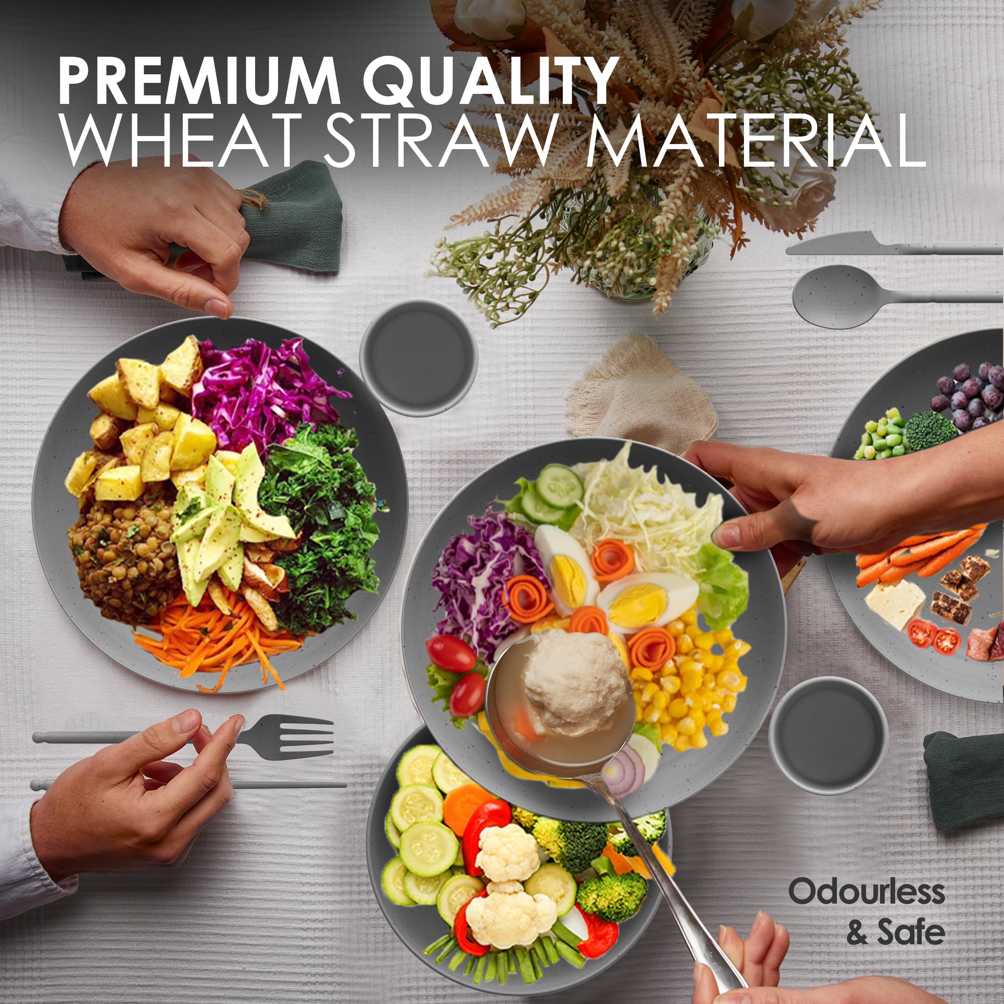 Eco-Friendly Wheat Straw Dinnerware Set for 4 - Microwave & Dishwasher Safe Plates & Bowls - Unbreakable BPA-Free Reusable Tableware - Perfect for Camping, Picnics, and Daily Use - Sustainable Alternative to Plastic Dishes
