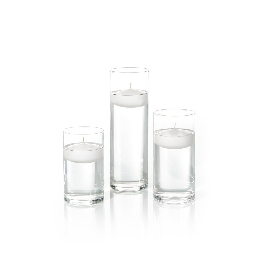 Yummi Set of 18 Floating Candles with Cylinder Vases - Elegant White Wedding & Party Decor for Centerpieces, Bathtubs, Pools