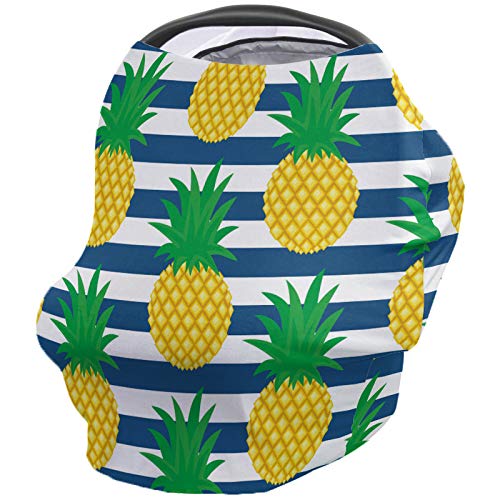 Breathable Baby Car Seat Cover for Newborns - Soft Stretchy Adjustable Pineapple Print Car Seat Protector (26x27.6 Inch) - Perfect for Summer Travel, Nursing & Breastfeeding - Blue & White Striped Design for Boys & Girls