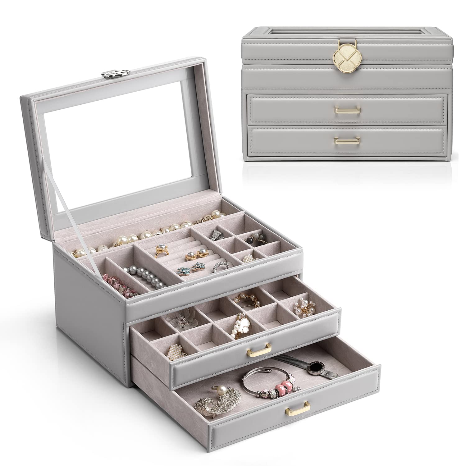 Vlando Jewelry Box Organizer - Premium Leather Jewelry Display Case with 2 Drawers, Jewelry Storage Box for Necklaces, Rings & Earrings - Perfect for Travel, Gift & Home Organization (Grey)