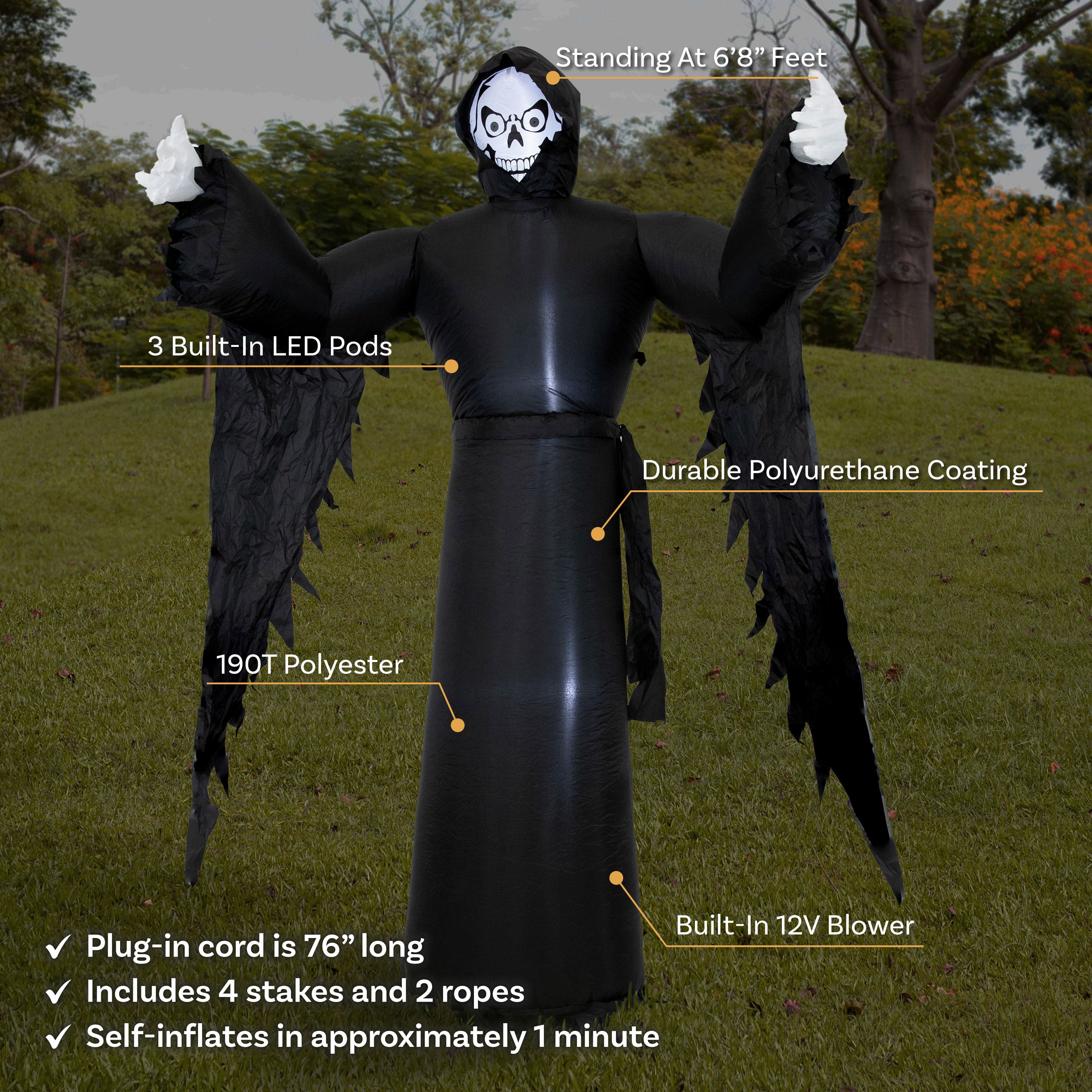 7ft Grisly Grim Reaper Inflatable Halloween Decoration for Yard & Outdoor Decor - Spooky Party Prop, Haunted House Decorations, Halloween Inflatables for Front Lawn