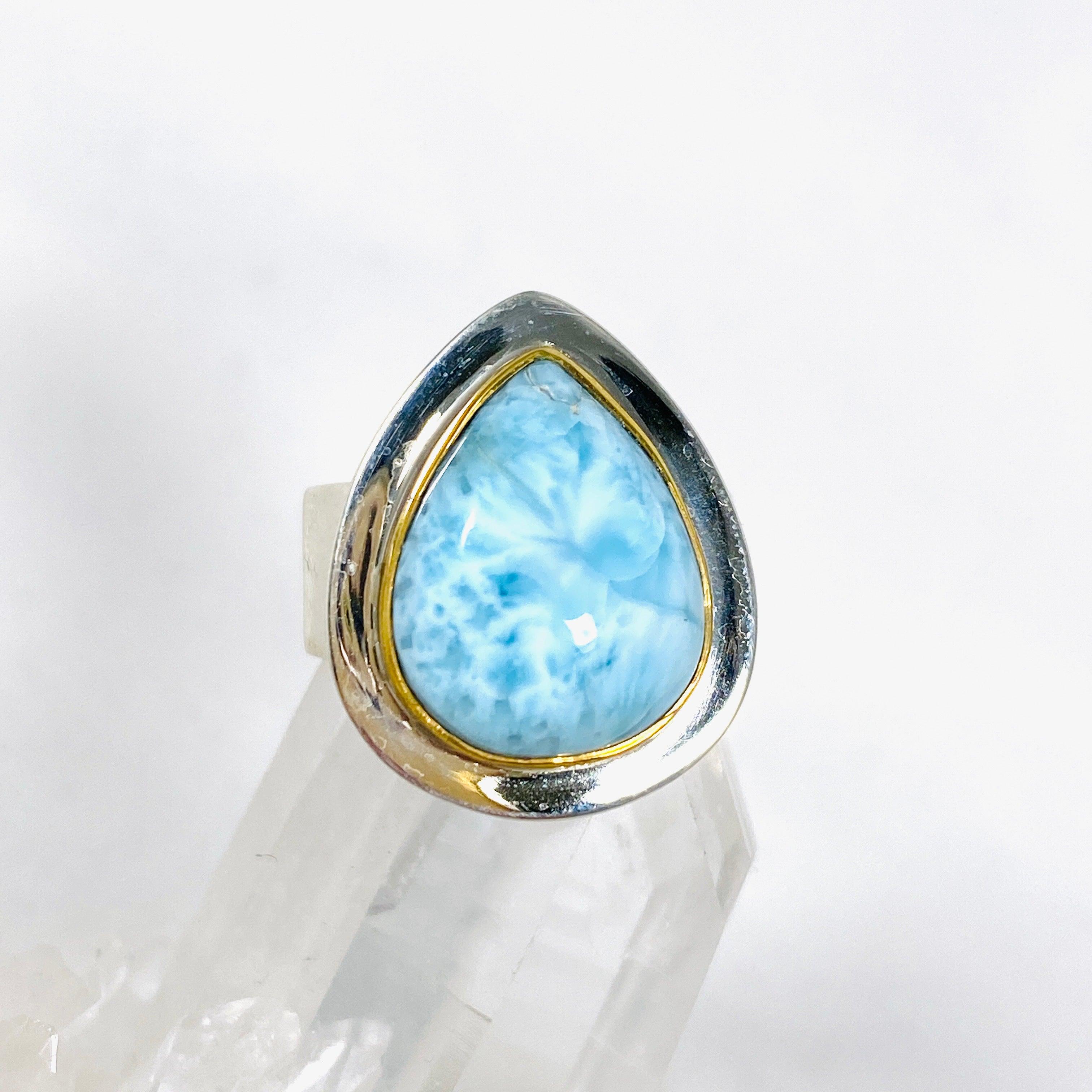 Larimar Teardrop Ring with Brass Detailing - Size 6 - Handmade Sterling Silver Jewelry - KRGJ3087 - Perfect for Boho Style, Beach Wedding & Everyday Wear