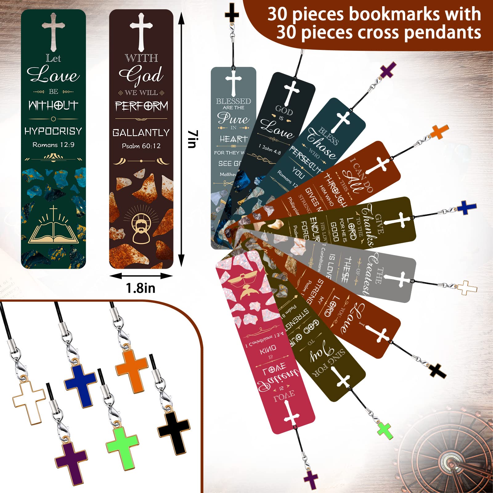 30 Pcs Christian Bookmarks with Cross Pendants - Inspirational Bible Verse Gifts for Church, Reading & Rewards