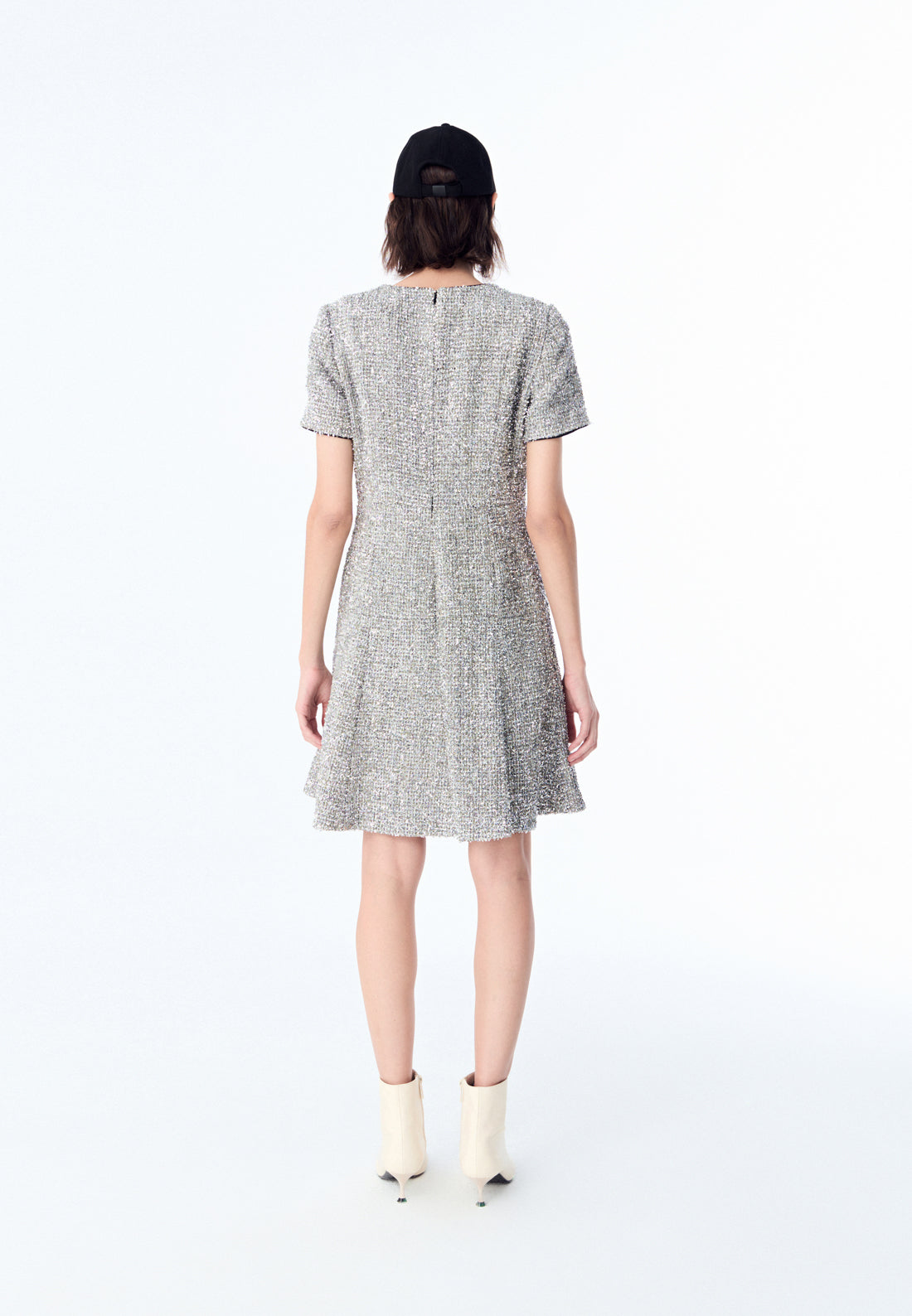 Elegant Silver Lurex Tweed Midi Dress for Women - Perfect for Cocktail Parties, Holiday Events & Special Occasions