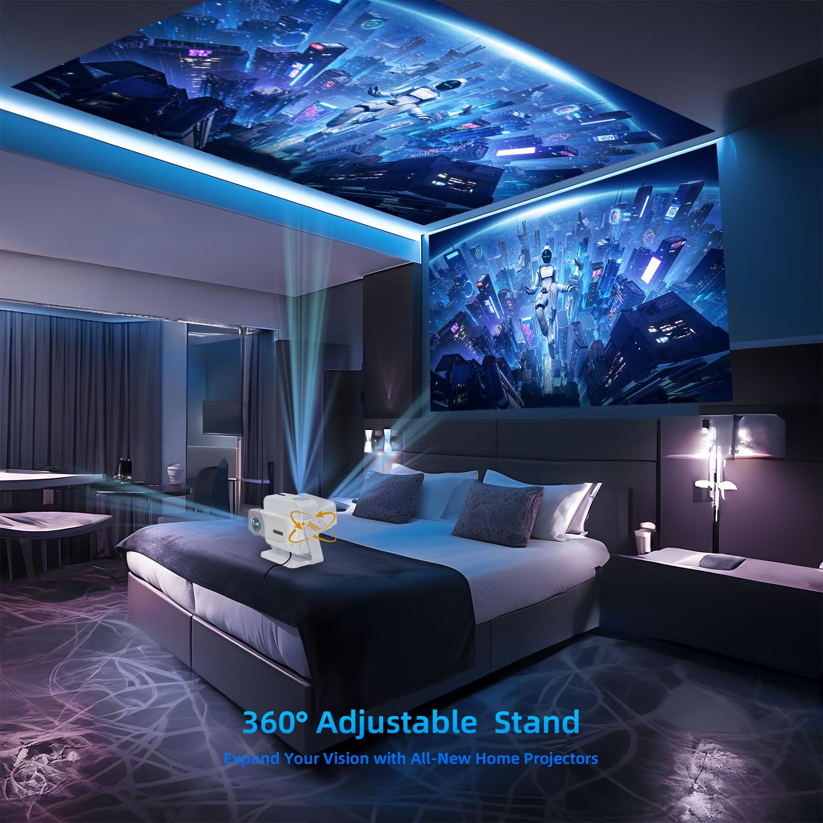 360° Adjustable Stand Mini Projector with WiFi & Bluetooth - Electric Focus, Auto Keystone, Native 1080P - Portable Movie Projector for iPhone/Android/Laptop/HDMI/TV Stick - Perfect for Home Theater, Outdoor Movies & Office Presentations