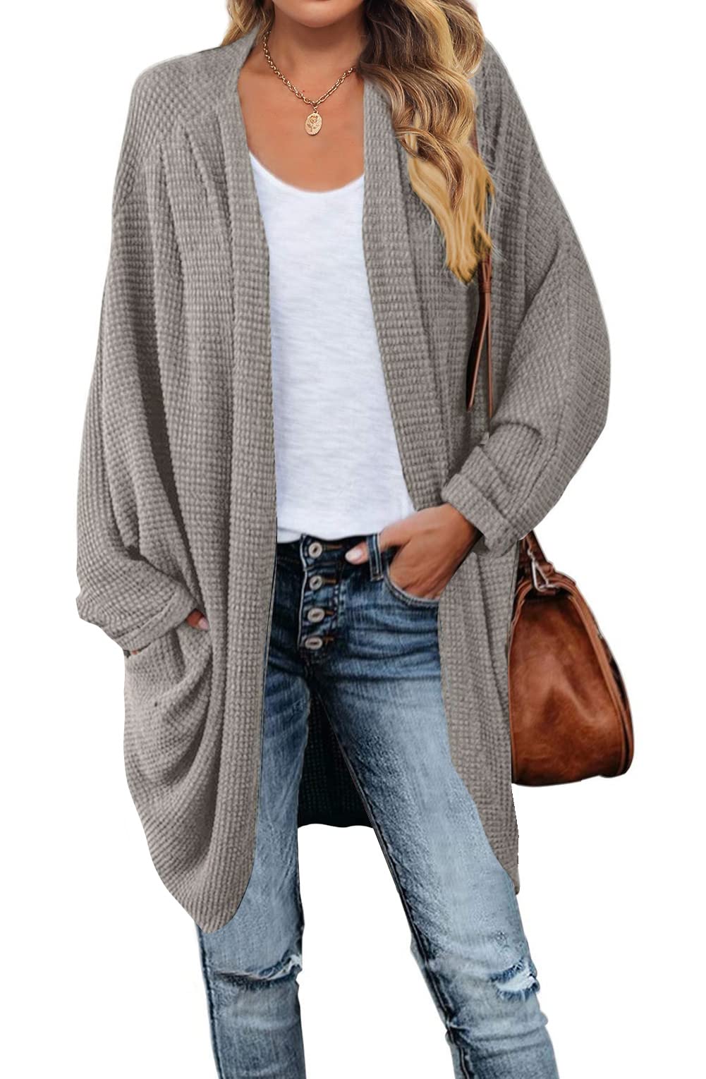 SYZRI Women's Waffle Knit Batwing Long Sleeve Cardigan - Oversized Open Front Sweater with Pockets | Cozy Fall & Winter Layering, Casual Office Wear, Lounge & Travel Outfit