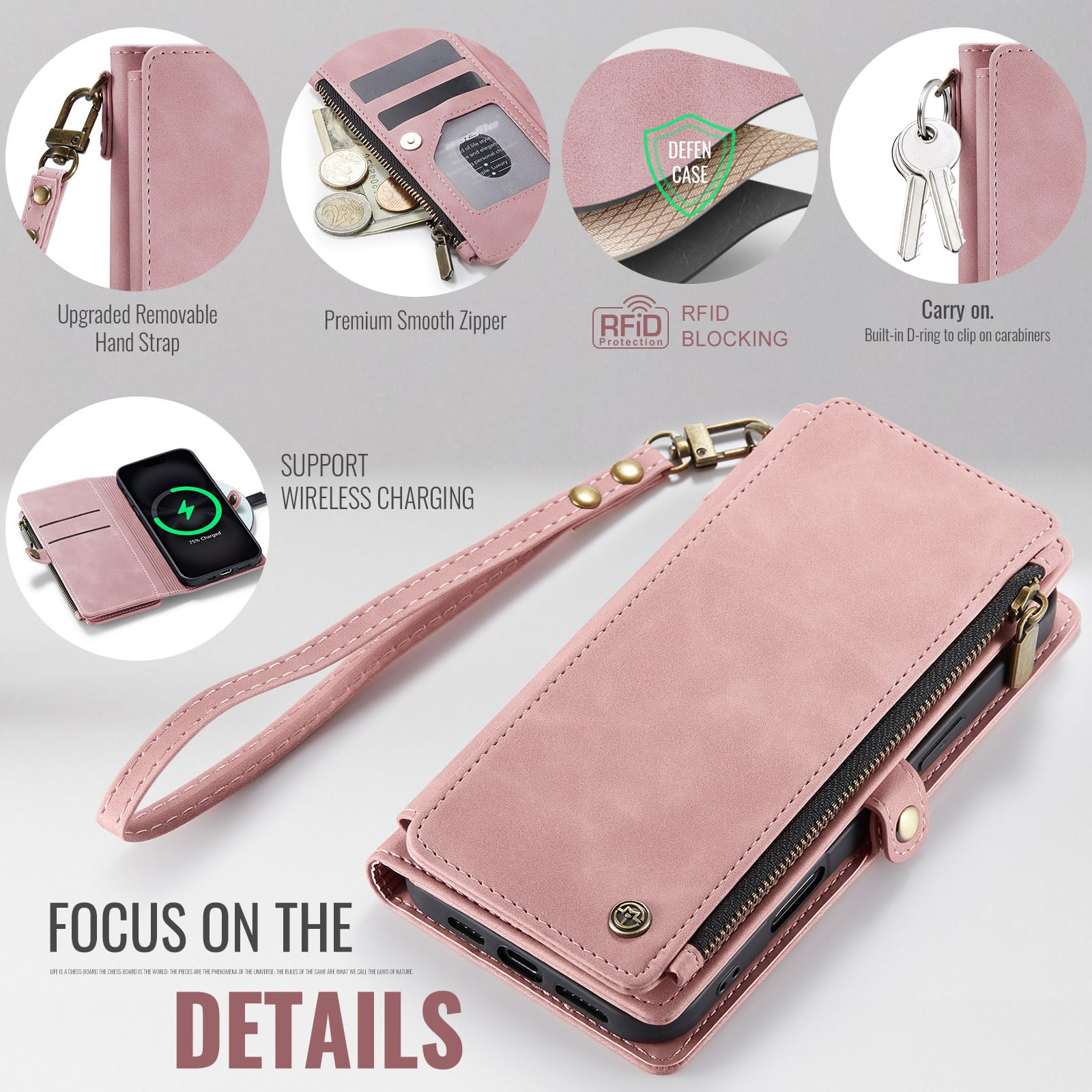 RFID Blocking iPhone 12/Pro Wallet Case - PU Leather Magnetic Flip Cover with Card Holder & Zipper Strap | Compatible with iPhone 12 & 12 Pro 6.1