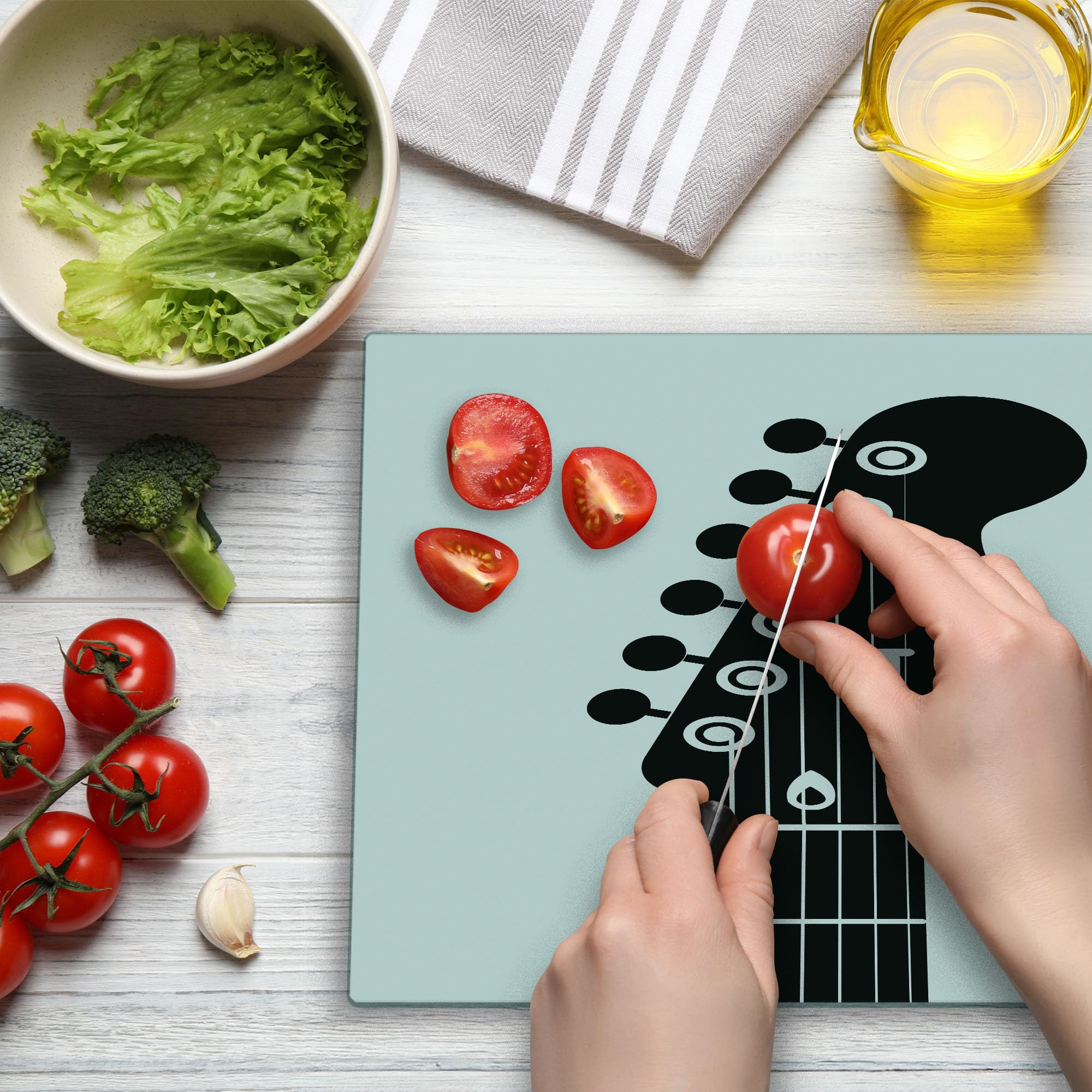 Ambesonne Guitar-Shaped Tempered Glass Cutting Board - Monochrome Half Guitar Design with Strings, Large Charcoal Grey & White Serving Board for Kitchen, Dining, and Party Decor