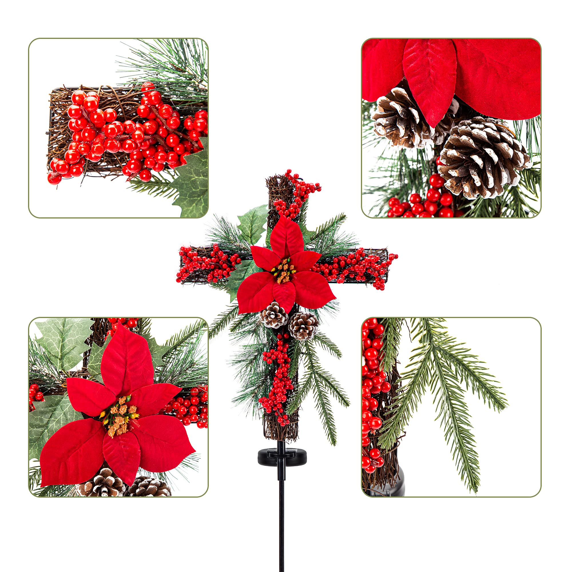 Outdoor Solar Christmas Decorations LED Lights - Waterproof Cross Stake for Garden, Lawn, Yard & Cemetery - Set of 2 with Faux Pine Cones & Foliage - Perfect for Holiday Grave Decorations & Festive Outdoor Lighting