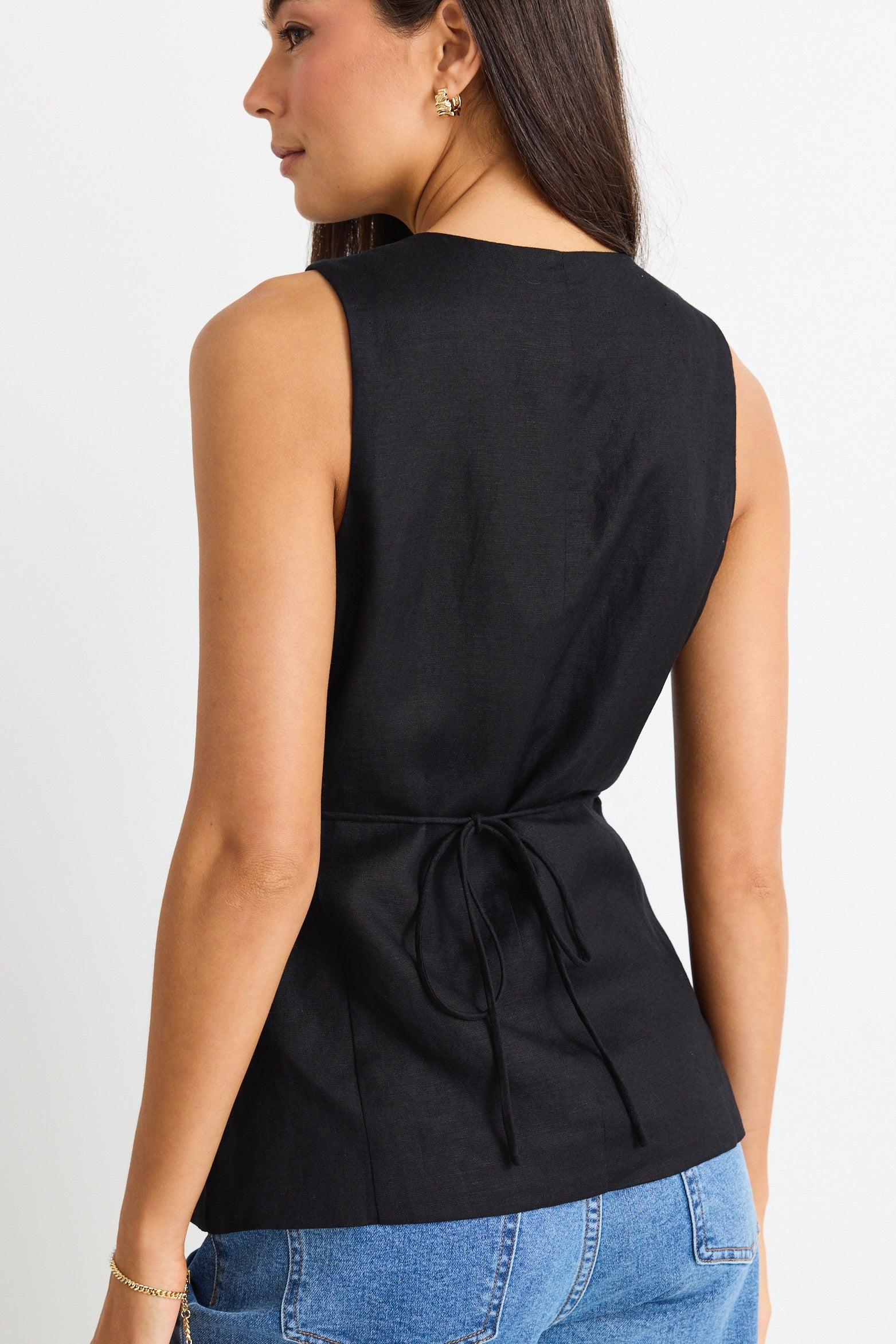 Eiffel Black Linen Viscose Fitted Longline Vest for Women - Slim Fit Waistcoat with Pockets | Perfect for Office Wear, Layering & Fall Fashion Outfits
