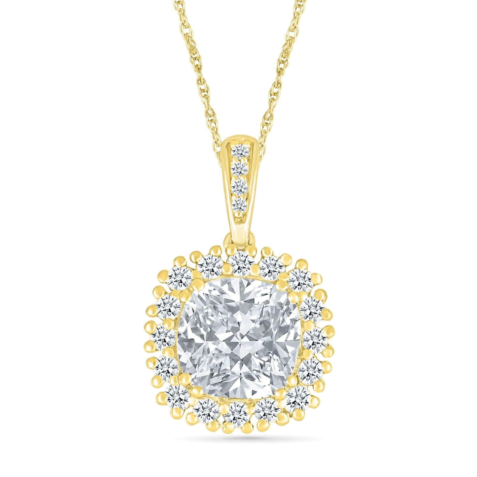 10k Yellow Gold Round White Sapphire Pendant with Halo - Elegant Solitaire Necklace for Women, Perfect for Weddings, Anniversaries & Special Occasions