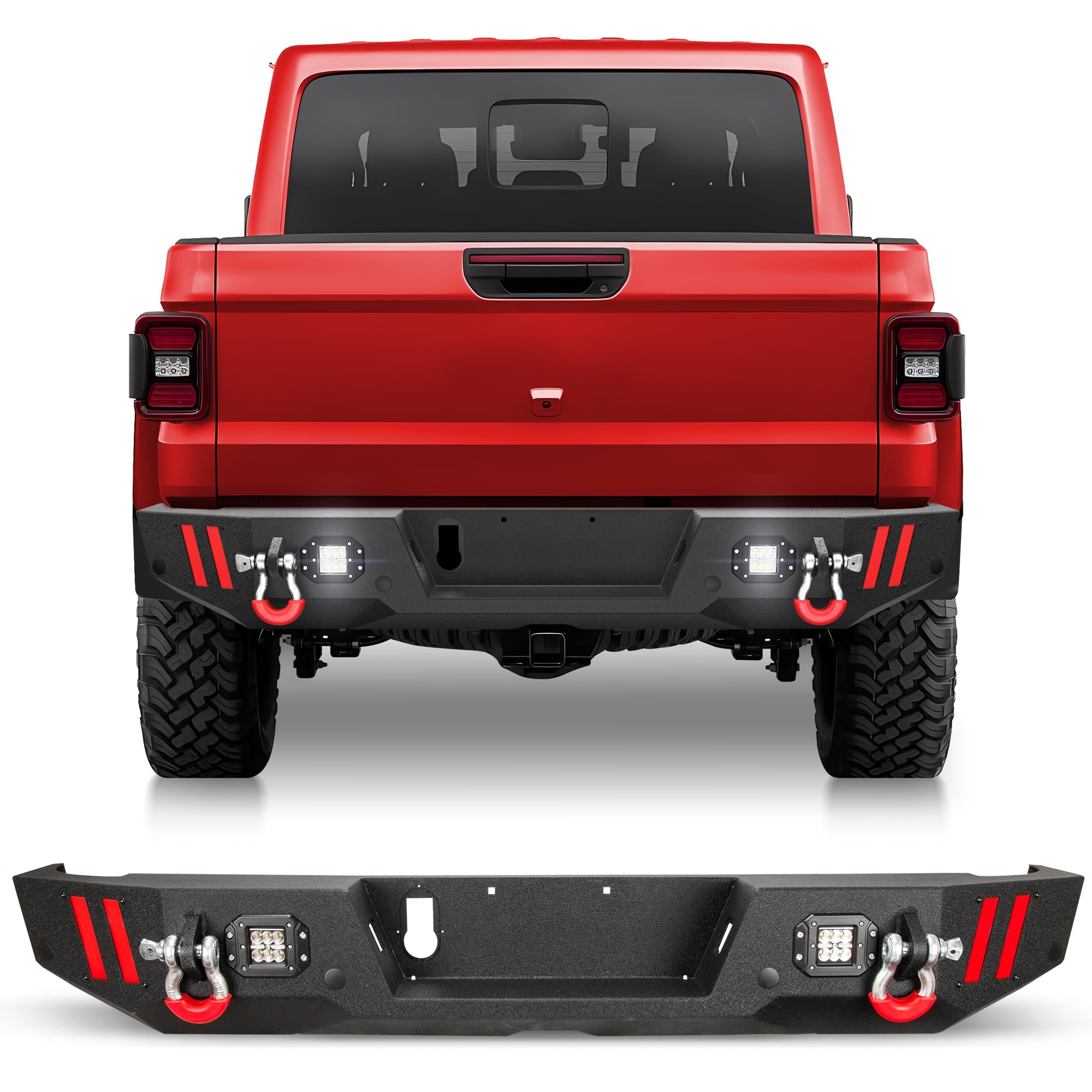Jeep Gladiator JT Rear Bumper (2020-2024) - Textured Black Truck Bumper with Step Plate, LED Lights, Sensor Holes & D-Rings | Heavy Duty Off-Road Protection for Jeep Pickup | Perfect for Trail Riding, Overlanding & Daily Driving