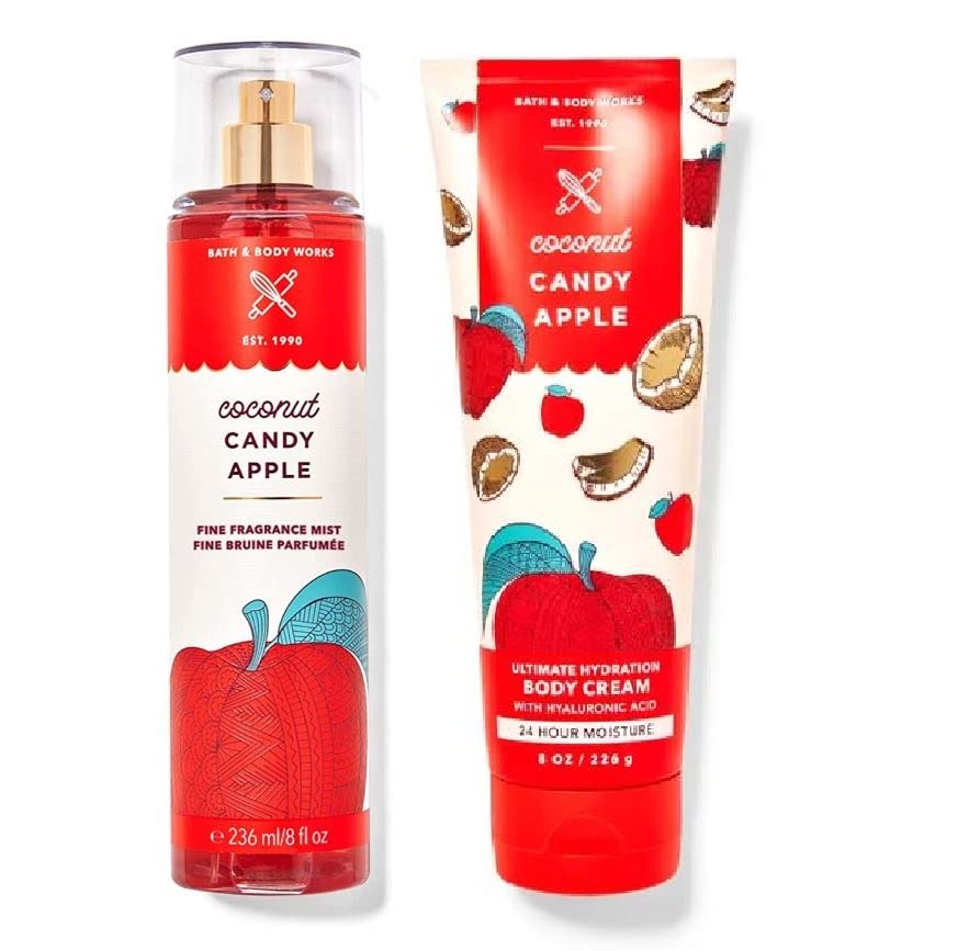 Bath & Body Works Coconut Candy Apple Fragrance Mist & Body Cream Set - Full Size Tropical Scent for Women - Perfect for Daily Moisturizing & Refreshing