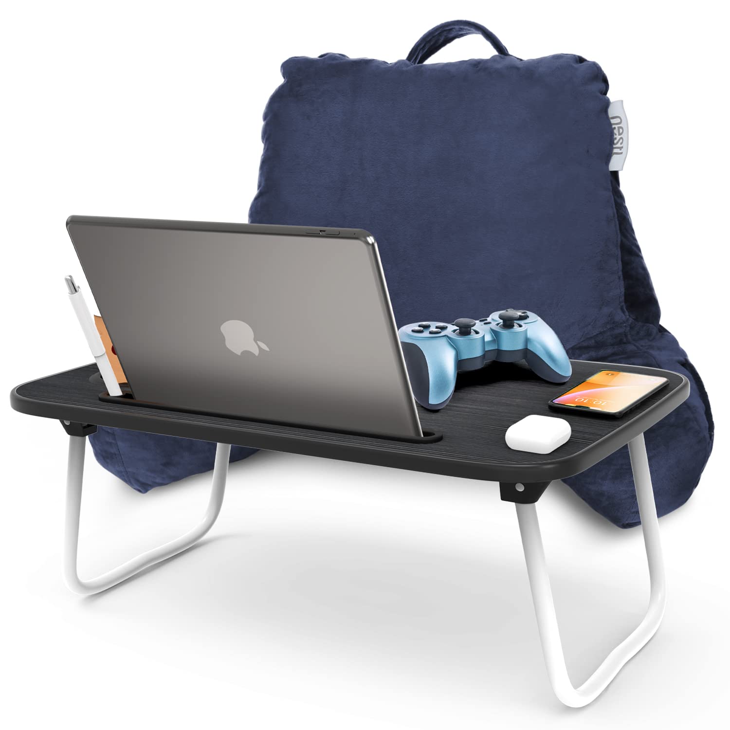 Nestl Reading Pillow with Portable Laptop Lap Desk - Velvet Feel Back Support Pillow with Shredded Memory Foam for Sitting in Bed, Reading, Working or Watching TV - Bed Rest Pillow with Arms (Standard, Navy)