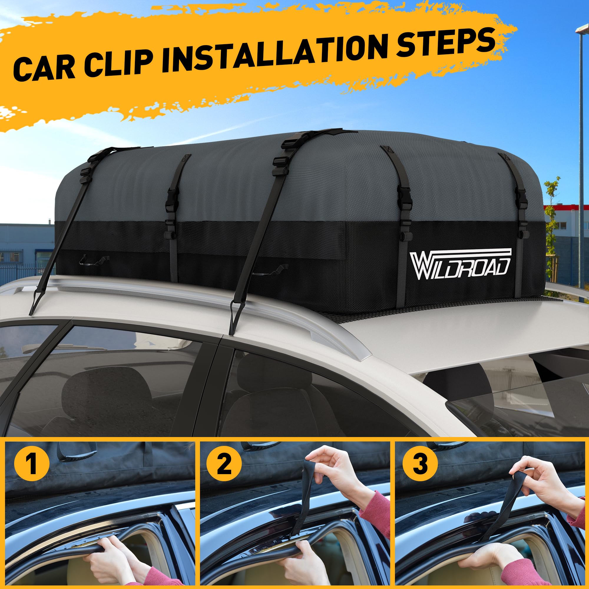 WILDROAD 21 Cubic Feet Waterproof Rooftop Cargo Carrier Bag - 600D Ultra Anti-Tear Fabric, Soft-Shell Roof Storage with Anti-Slip Mat & 6 Door Hooks - Fits All Cars with/Without Roof Racks - Perfect for Road Trips, Camping & Outdoor Adventures