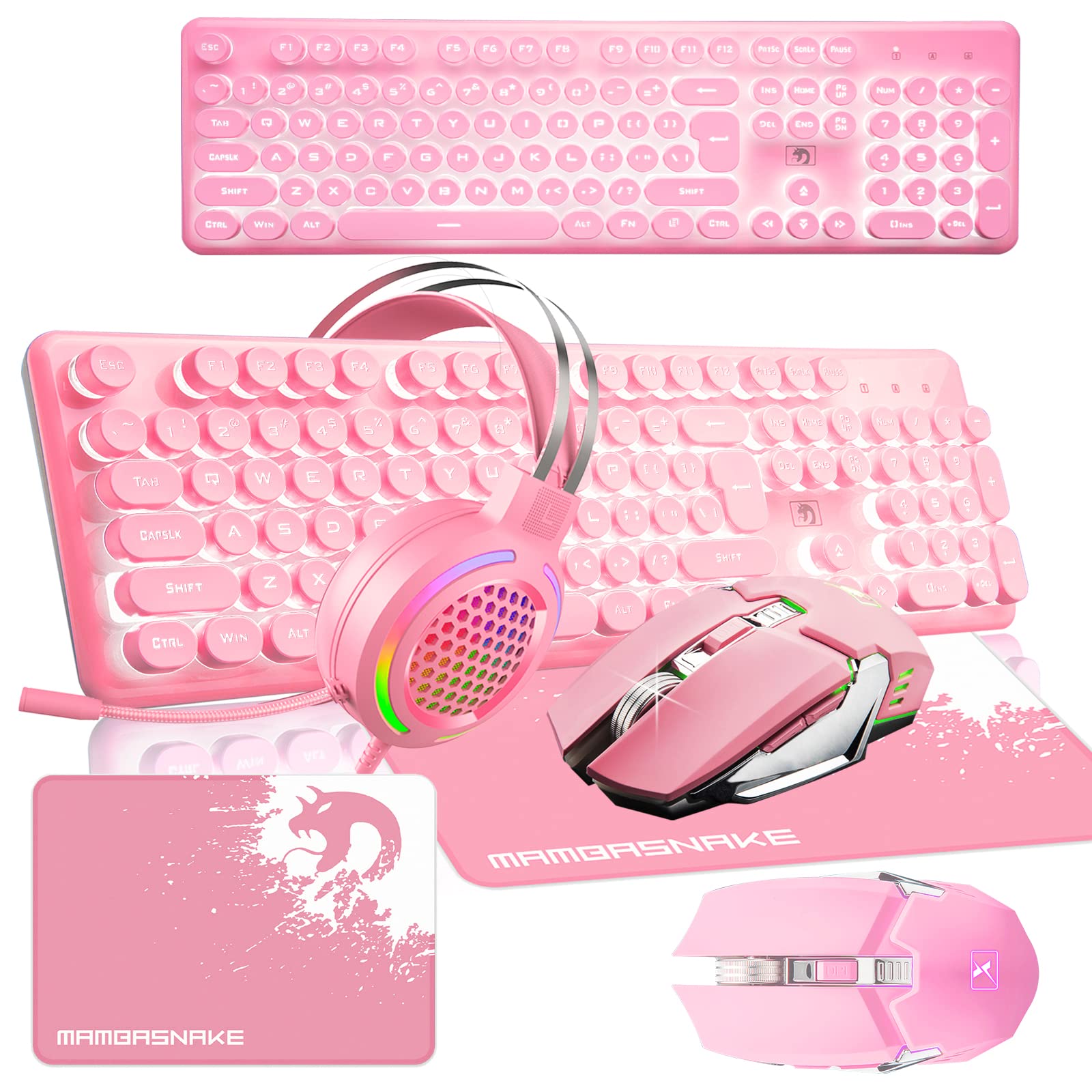 Retro Pink Wireless Gaming Keyboard & Mouse Combo with 2.4GHz Rechargeable Keyboard, RGB Backlit Mouse, Wired 3D Stereo Headset & Mouse Pad - Perfect for PC, Laptop Gaming & Office Work