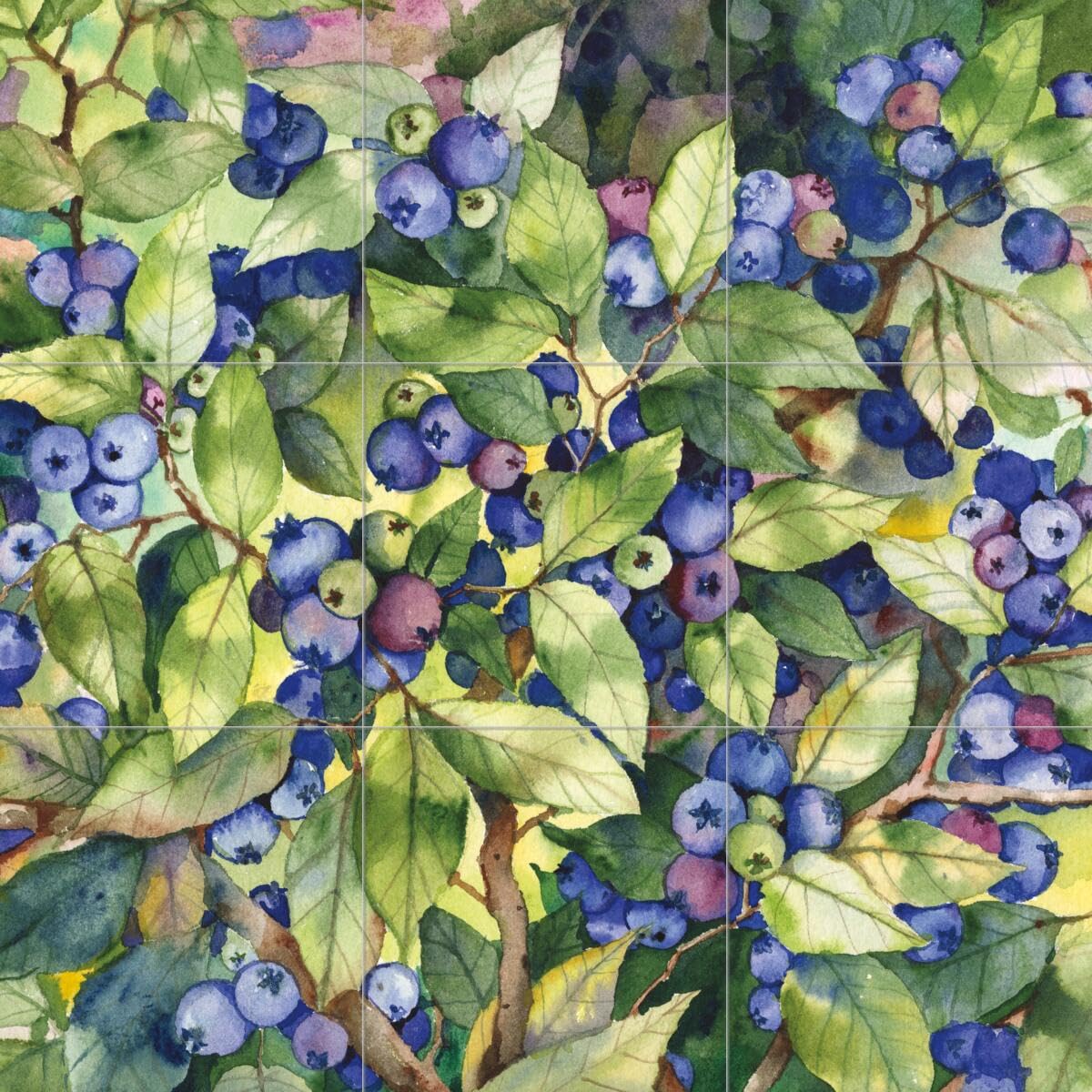 Ceramic Backsplash Tile Mural - Blueberries Design by Kathleen Parr McKenna for Kitchen & Bathroom Decor - Perfect for Farmhouse, Modern, and Rustic Style Homes
