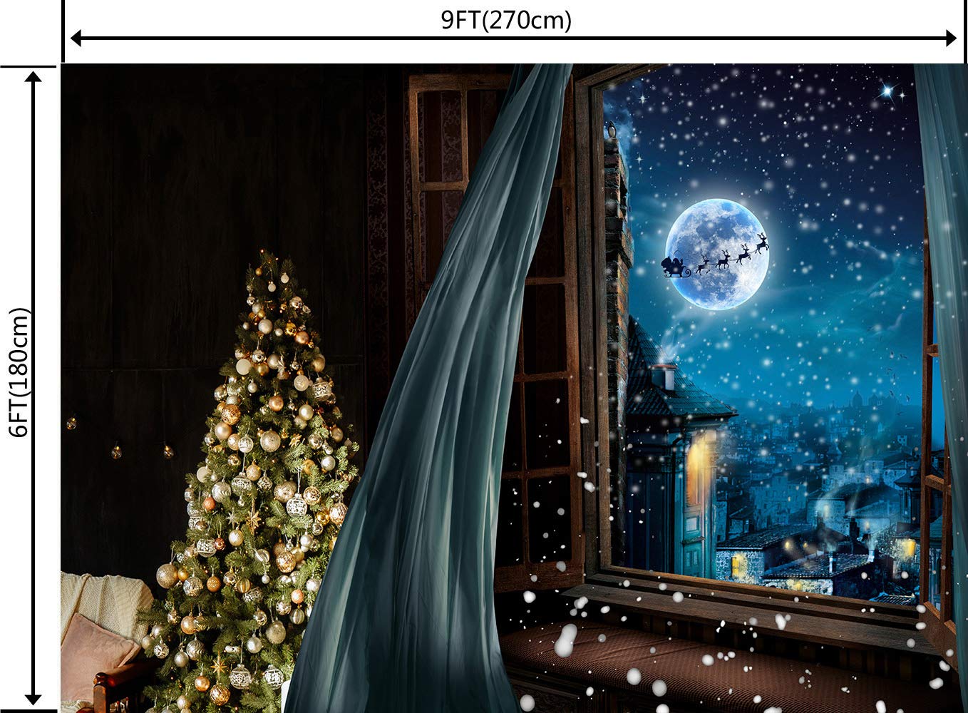9x6FT Christmas Photography Backdrop - Snowy Night City Scene with Moon & Santa Sleigh for Family Party, Photo Studio Decor, Holiday Banner Props | Perfect for Christmas Parties, Family Photos, and Seasonal Decorations