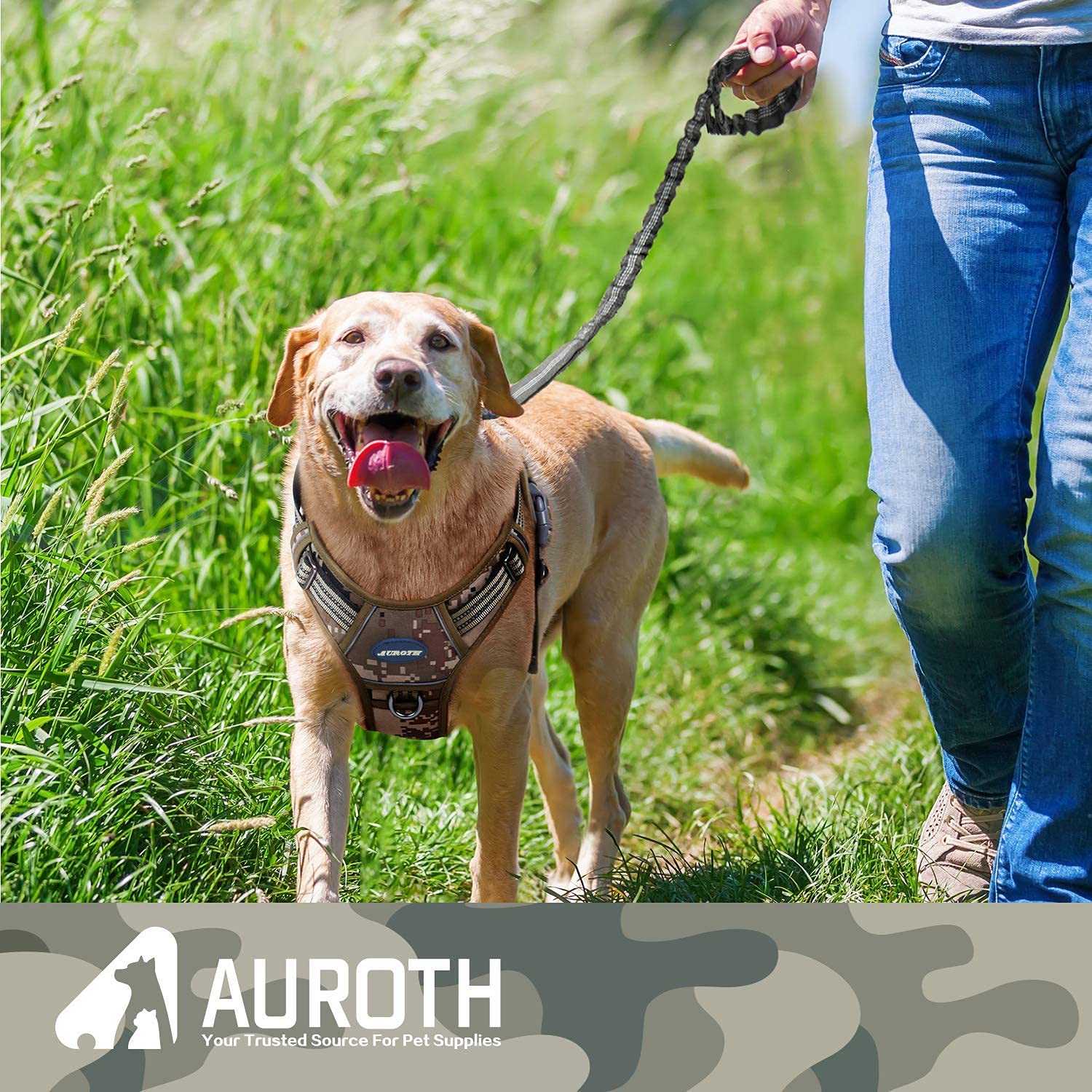 Auroth Tactical Dog Harness with 4.5 FT Heavy Duty Leash - No Pull Reflective Vest for Large Breed Dogs | Military Training, Outdoor Hiking & Night Walking (Army Yellow)