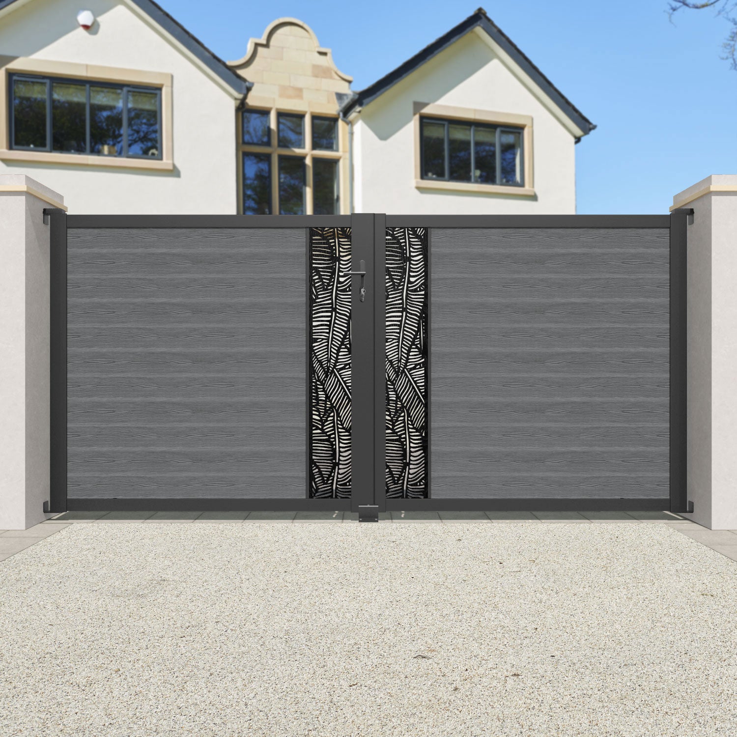 Classic Feather Straight Top Driveway Gate - Mid Grey with Middle Screen | Durable & Stylish Driveway Entrance Solution for Homes & Commercial Properties