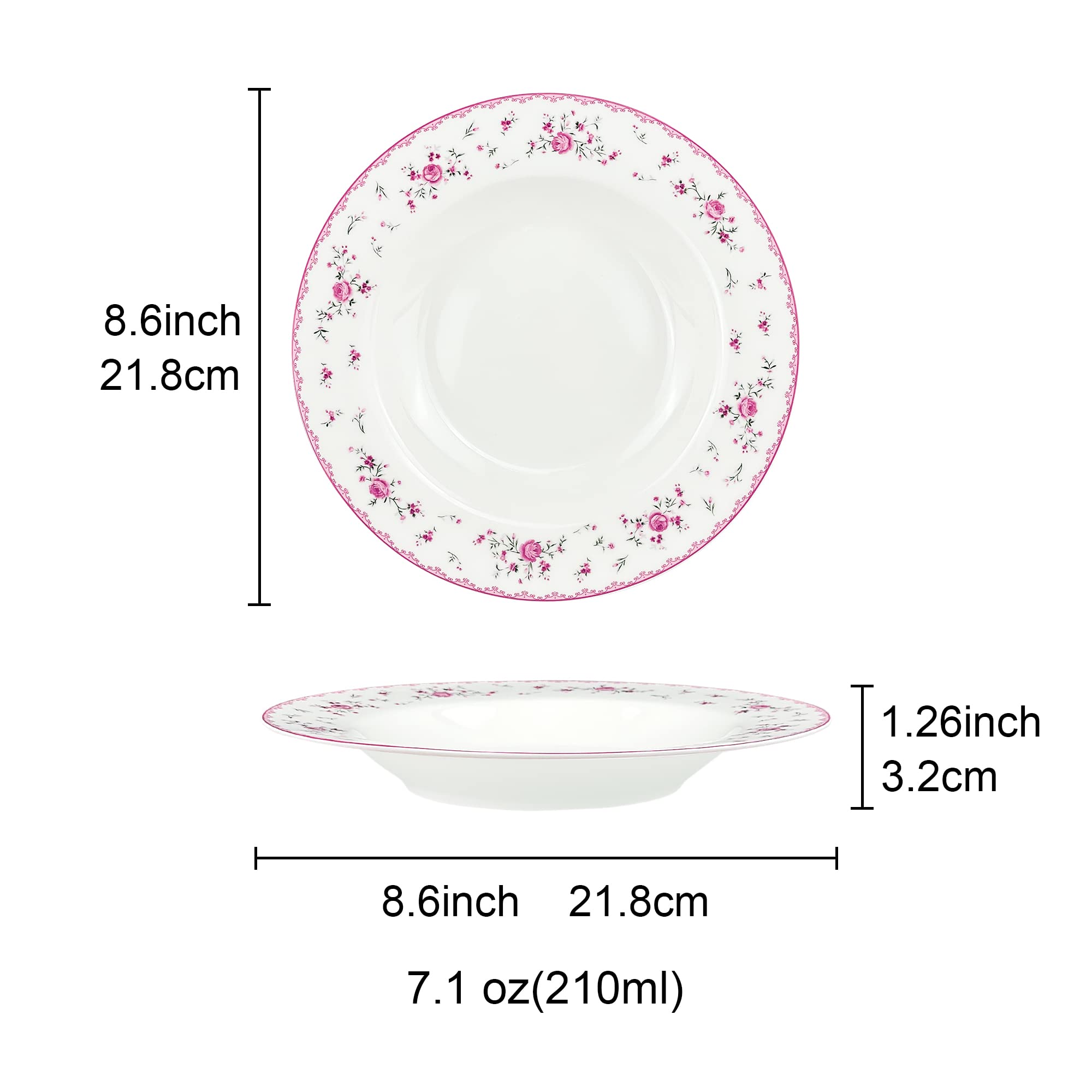 Fanquare 8 Inch Porcelain Soup Bowls Set of 4 - Round Pasta Plates for Salad, Dessert, Snack - Pink Roses Floral Design - Perfect for Dining, Entertaining, and Gift Giving