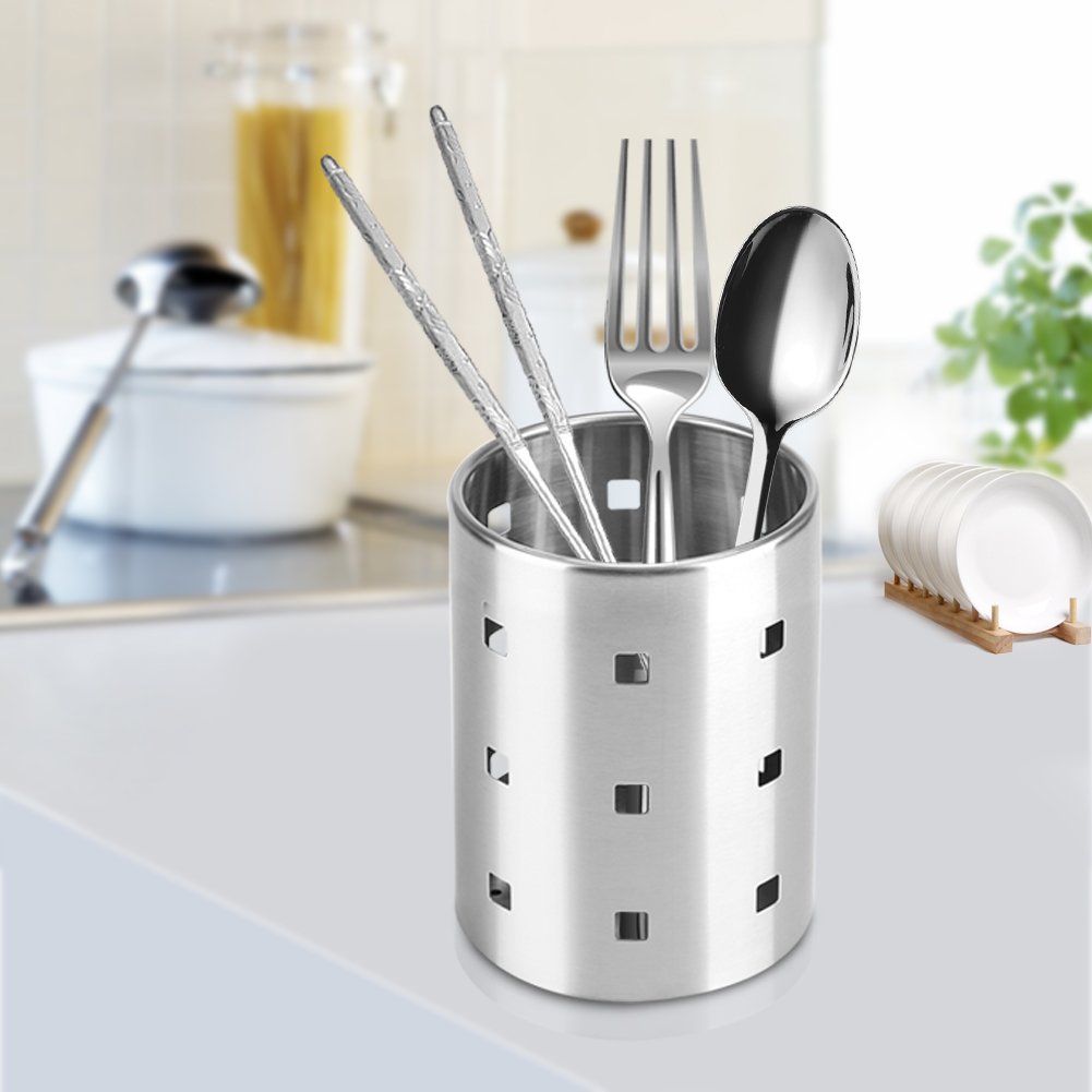 Stainless Steel Kitchen Utensil Holder for Countertop - Cooking Tool Organizer with 6 Slots for Spoons, Spatulas & Chopsticks - Perfect for Kitchen Counter Storage & Organization (Black) - Ideal for Home Chefs & Small Kitchen Spaces