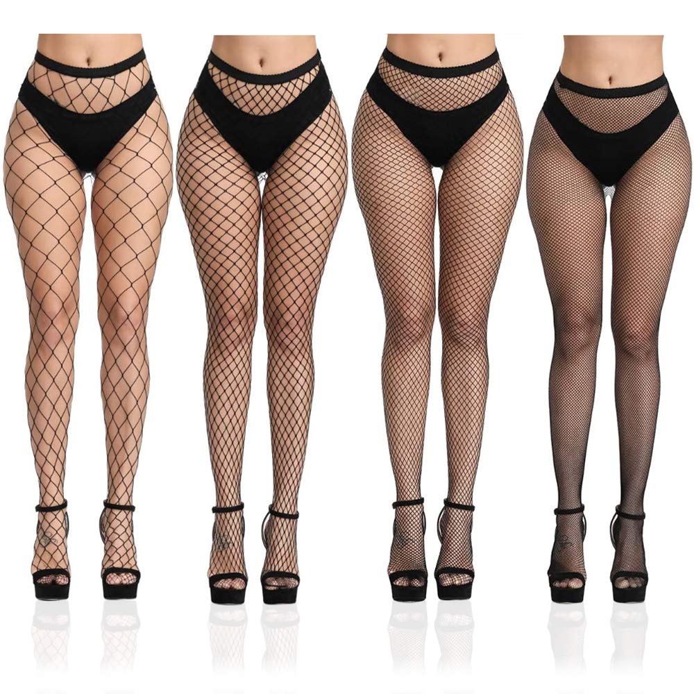Women's Fishnet Tights - High Waist Sexy Black Thigh High Stockings (4 Pairs) | Perfect for Halloween Costumes, Cosplay & Night Out Outfits