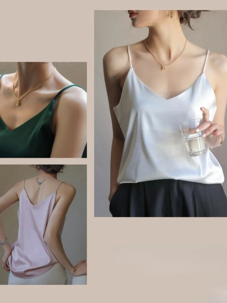 Acetate Satin Grey Camisole for Women - Loose Summer Spaghetti Strap Tank Top with V-Neck & Backless Design | Perfect for Layering, Beachwear & Night Out