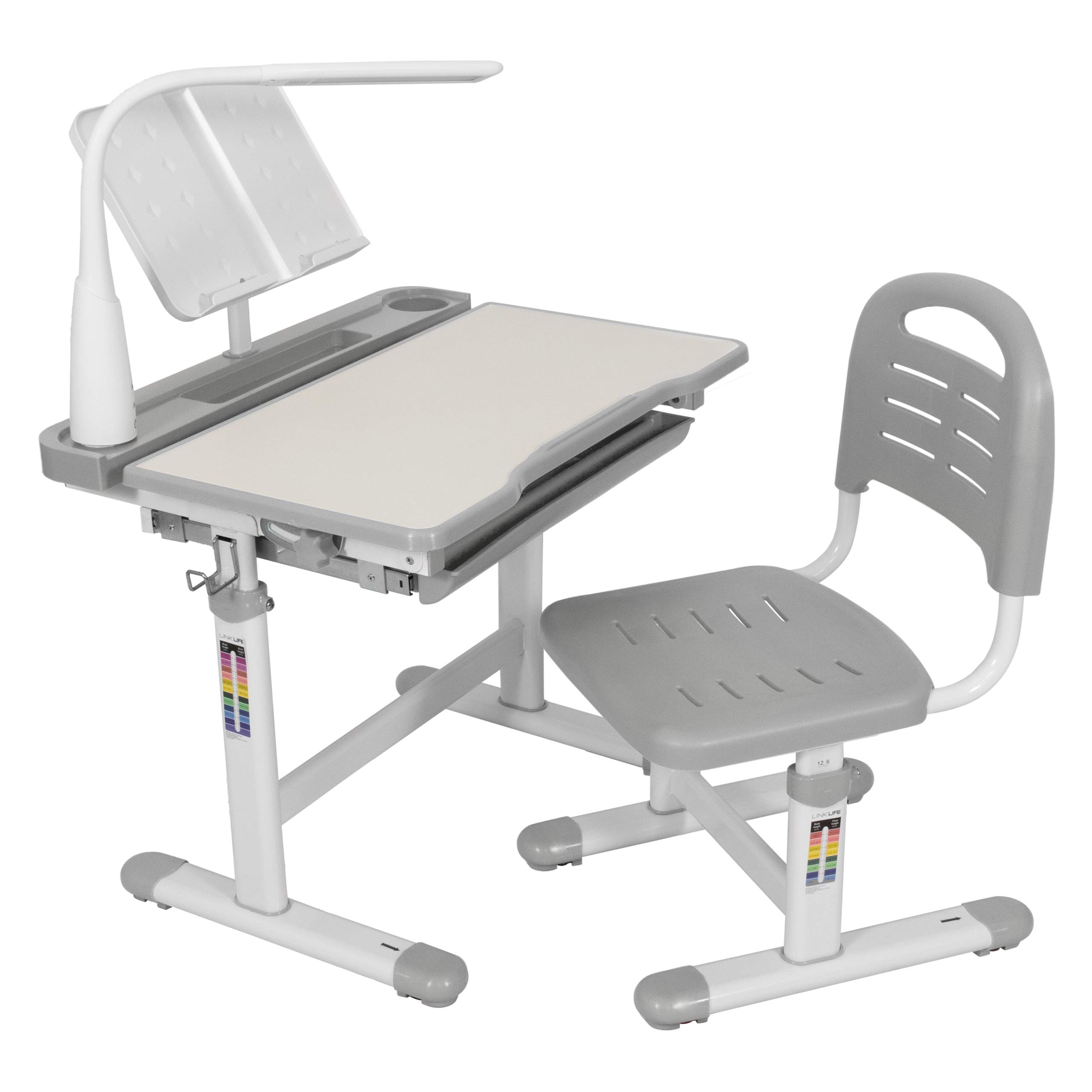 Happy Living Adjustable Kids Study Desk and Chair Set with LED Lamp - Ergonomic Height Adjustable for Children, Gray - Perfect for Homework, Reading & Online Learning at Home