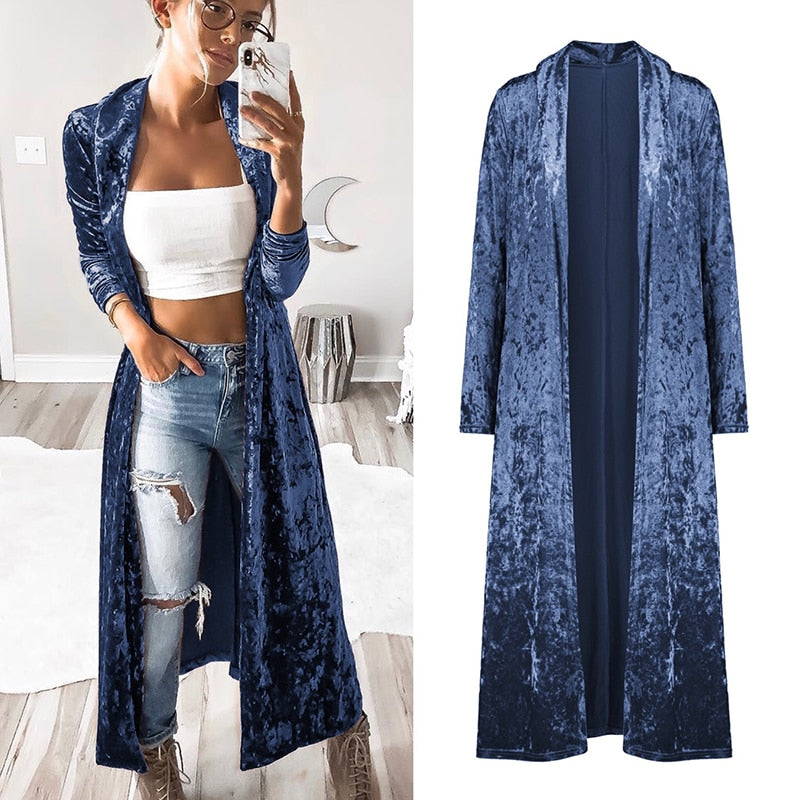 Women's Velvet Jacket Long Coat - Autumn Winter Fashion Stitched Outerwear, Casual Cardigan Tops for Plus Size Ladies | Perfect for Office, Date Night & Holiday Outfits