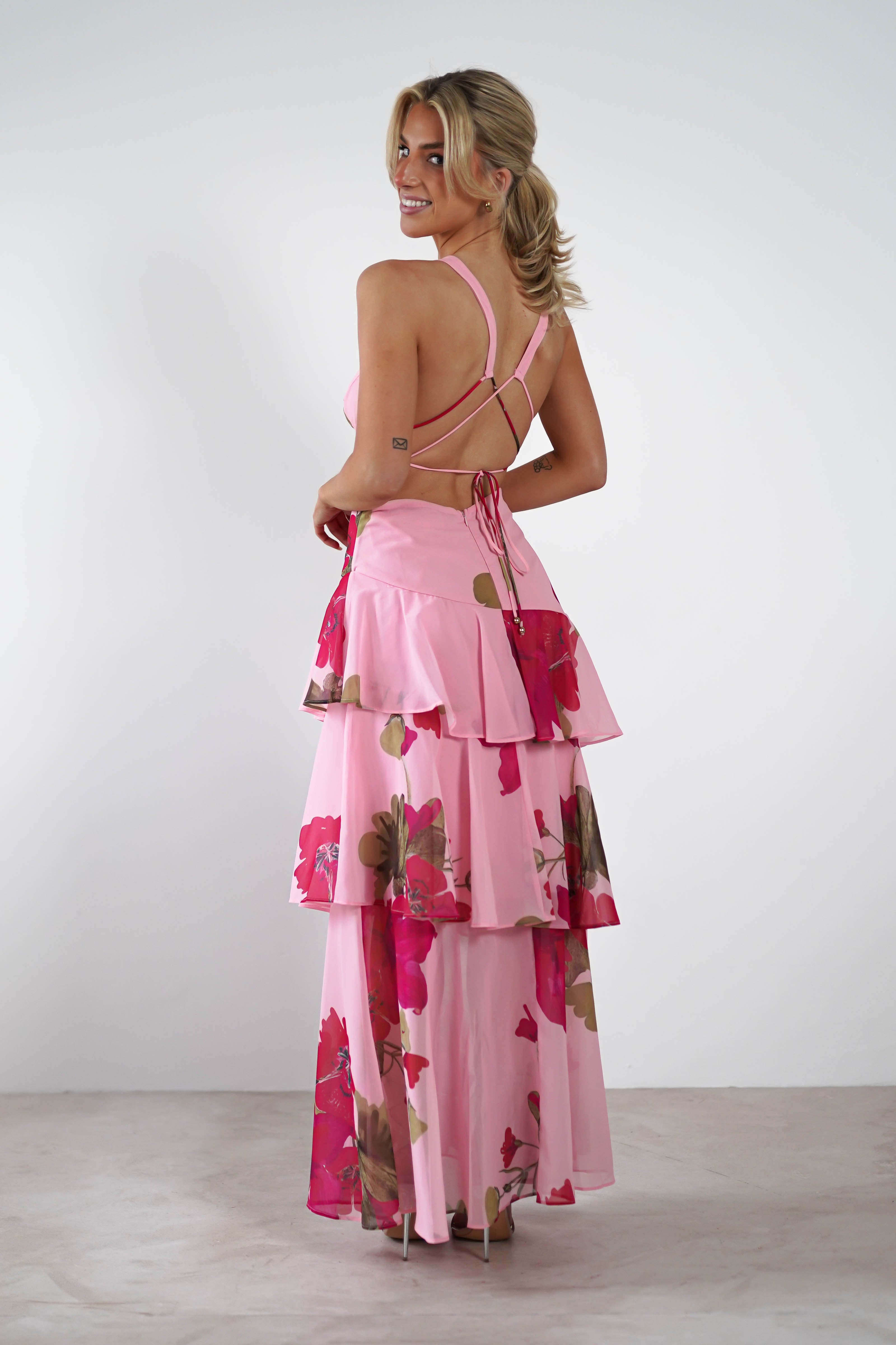 Lenora Floral Print Maxi Dress for Women - Elegant Pink Long Summer Dress with V-Neck & Flowy Skirt | Perfect for Beach Vacations, Weddings & Date Nights