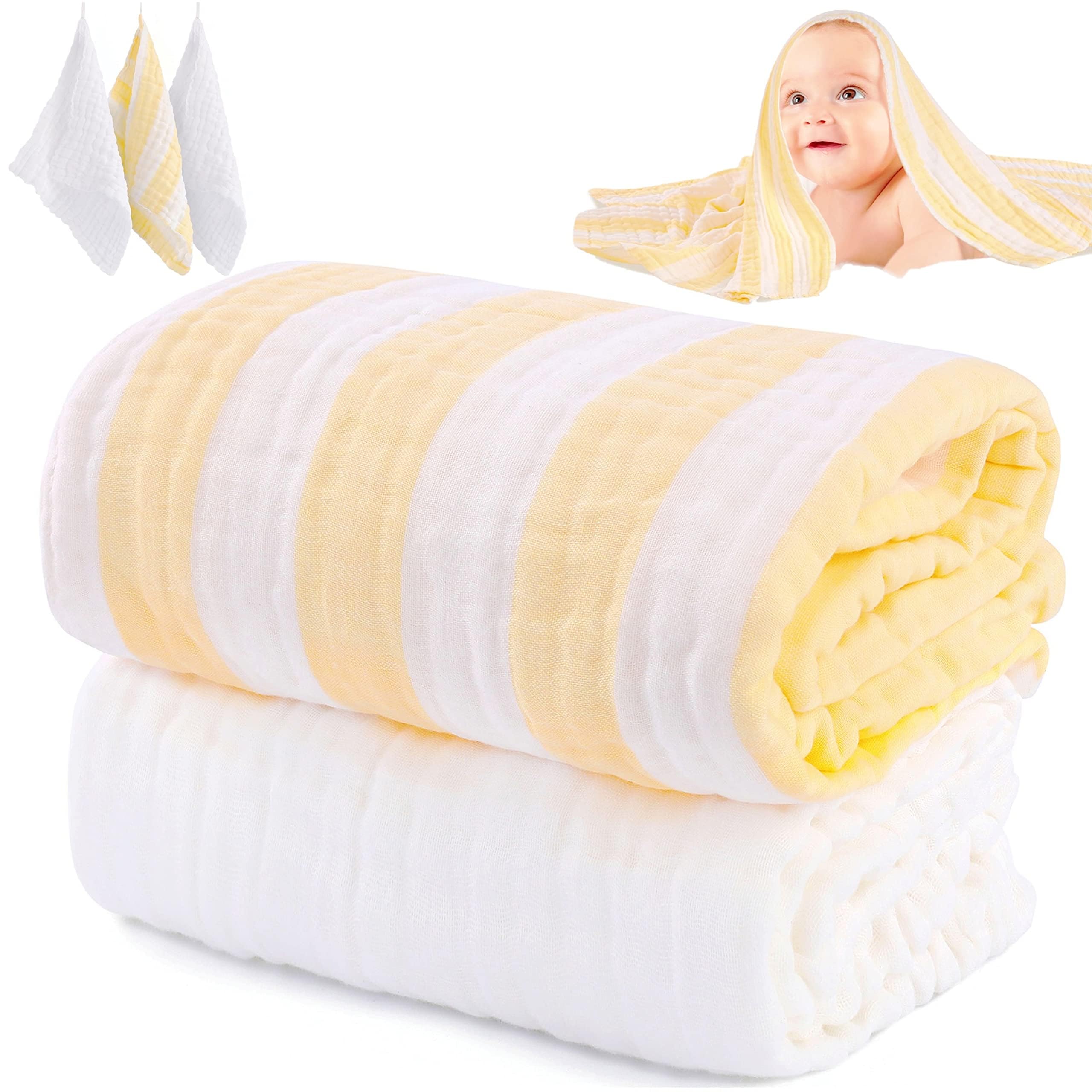 Premium 6-Layer Muslin Baby Bath Towel Set - 2 Extra Large Super Soft Gauze Towels & 3 Washcloths | Hypoallergenic Cotton Infant Blanket for Newborns & Sensitive Skin | Perfect for Bath Time, Swaddling & Nursery Essentials (Amsicotion)