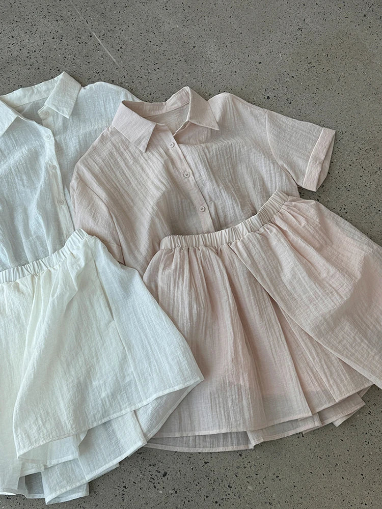 Beige Women's Two-Piece Suit Set - Thin Half Body Skirt & Lapel Short Sleeve Shirt | Spring Summer 2025 Fashion Trend | Office Wear, Casual Outfits, Party Dresses (Style 1DJ1239)