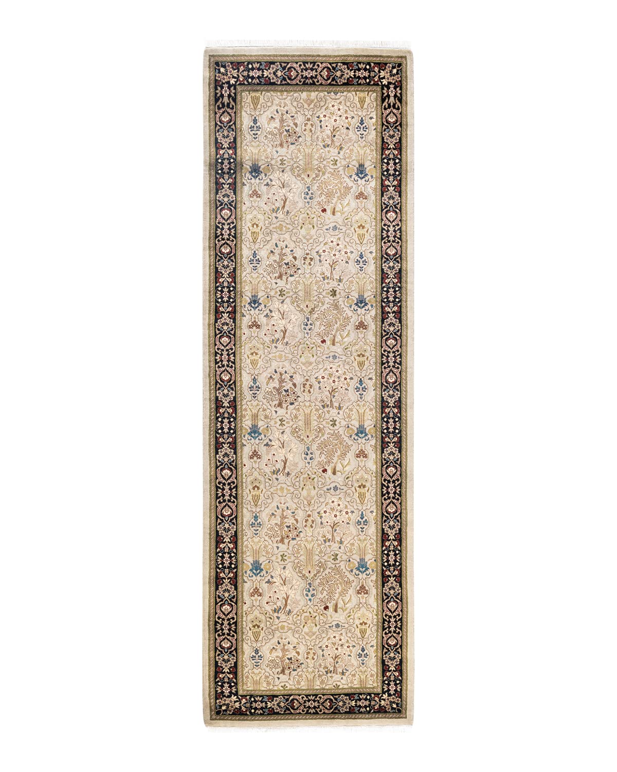 Handmade Wool Oriental Mogul Ivory Runner Rug - Traditional Hand-Knotted Design for Living Room, Bedroom & Hallway Decor