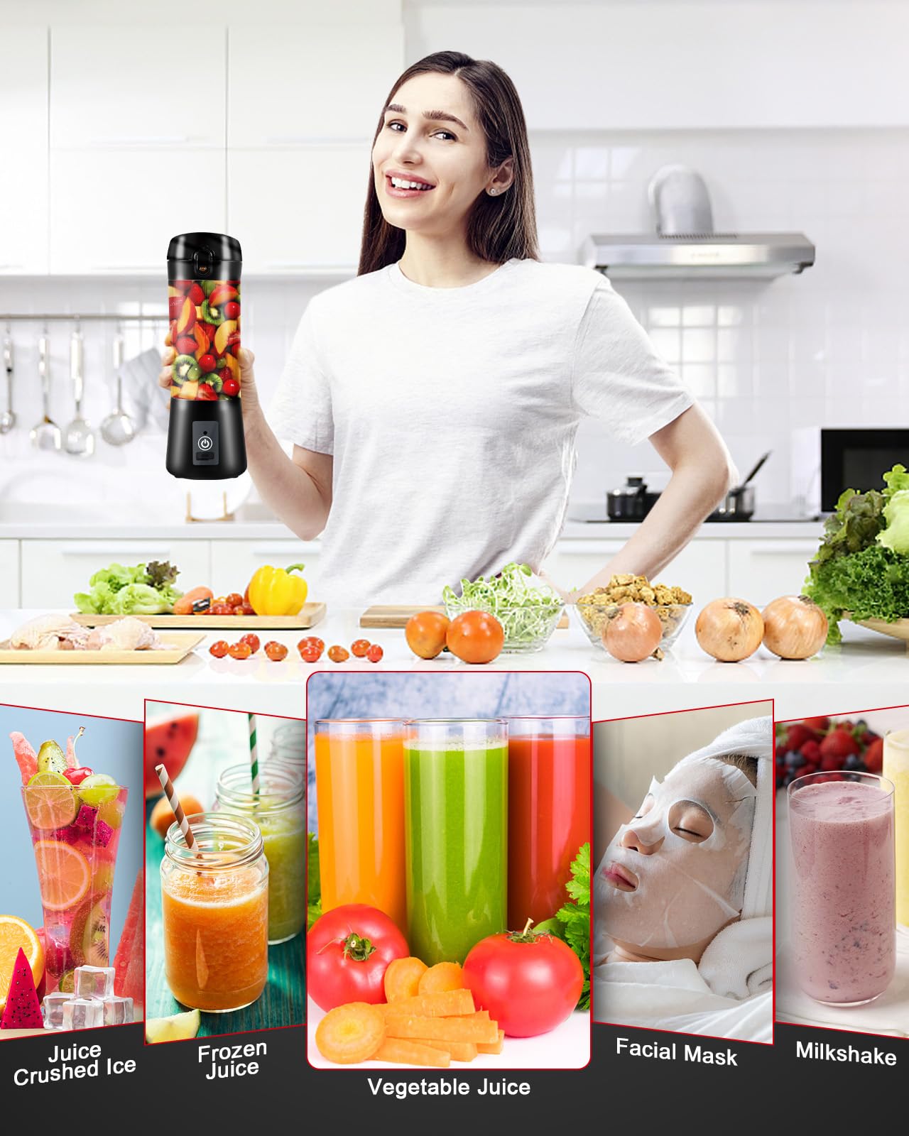 Portable USB Rechargeable Personal Blender - 380ml Mini Blender for Smoothies, Shakes & Juices with 6 Blades & Strong Cutting Power - Perfect for Travel, Gym, Office, Camping & Home Use