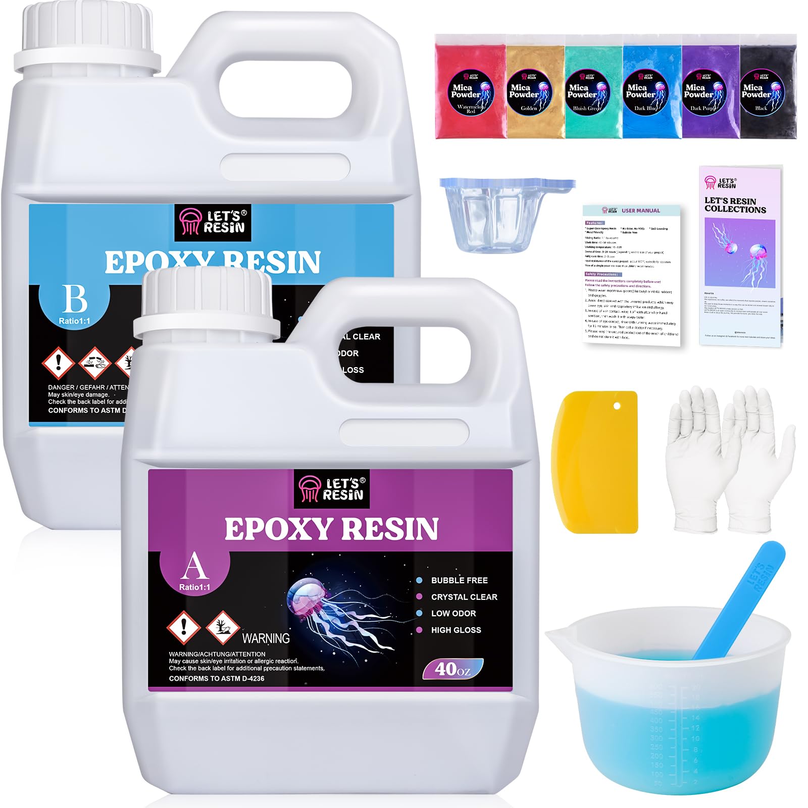 LET'S RESIN 80oz Crystal Clear Epoxy Resin Kit - Bubbles Free Casting Resin with Hardener for Jewelry, Molds, DIY Crafts - Includes 6 Mica Powders & Large Silicone Cup - Perfect for Beginners, Art Projects, Home Decor and Resin Casting
