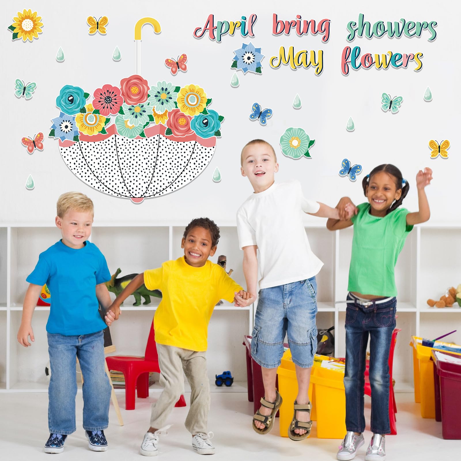 Gueevin Spring Bulletin Board Decorations - April Showers Bring May Flowers Cutouts for Classroom, Whiteboard, Window & Home Party Decor (Simple Style) - Perfect for Spring Classroom Themes, Seasonal Displays & DIY Home Decor