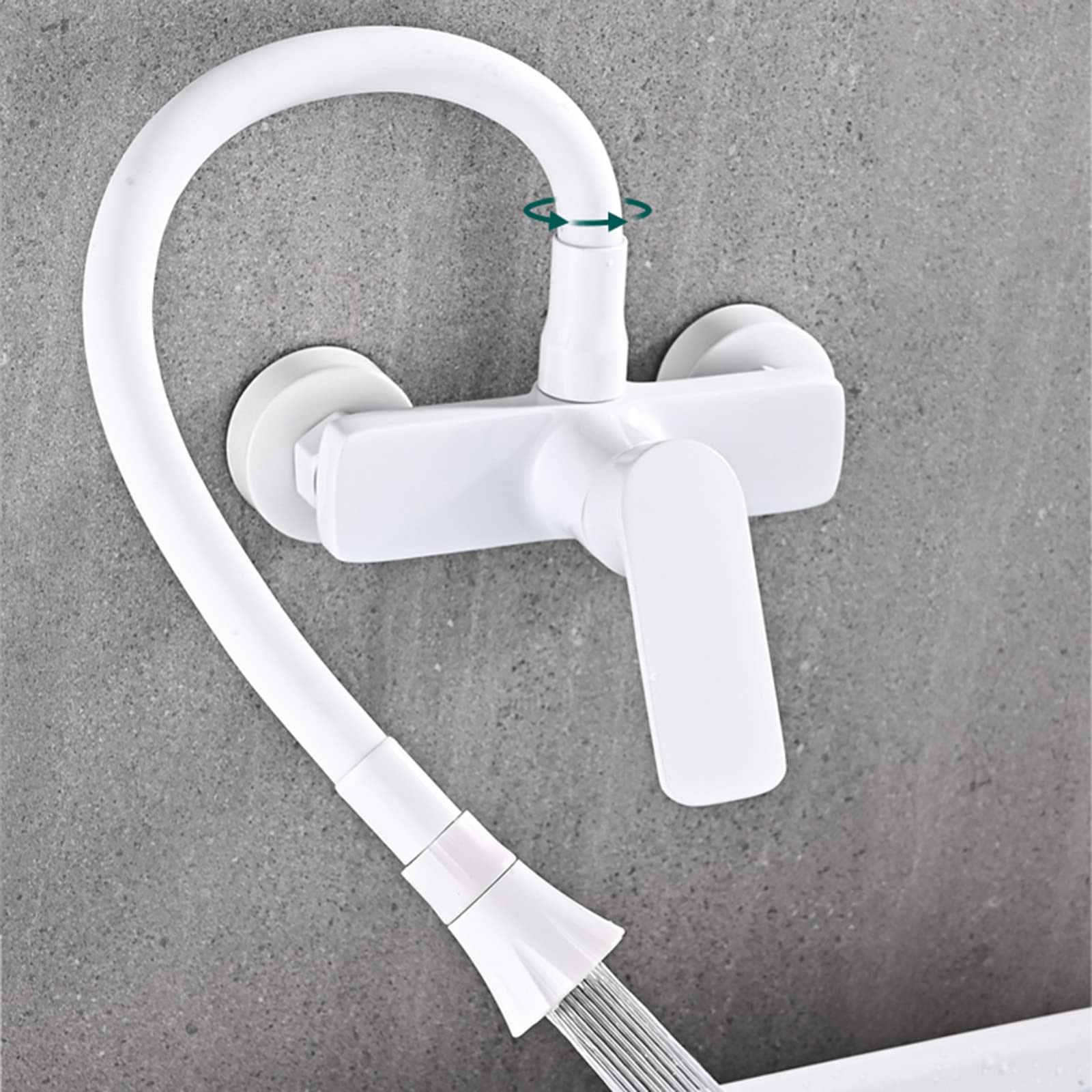 Wall Mount Kitchen Faucet with Brass Showerhead - Hot/Cold Water Swivel Sink Faucet in White | Perfect for Small Kitchens, RV Bathrooms & Outdoor Sinks