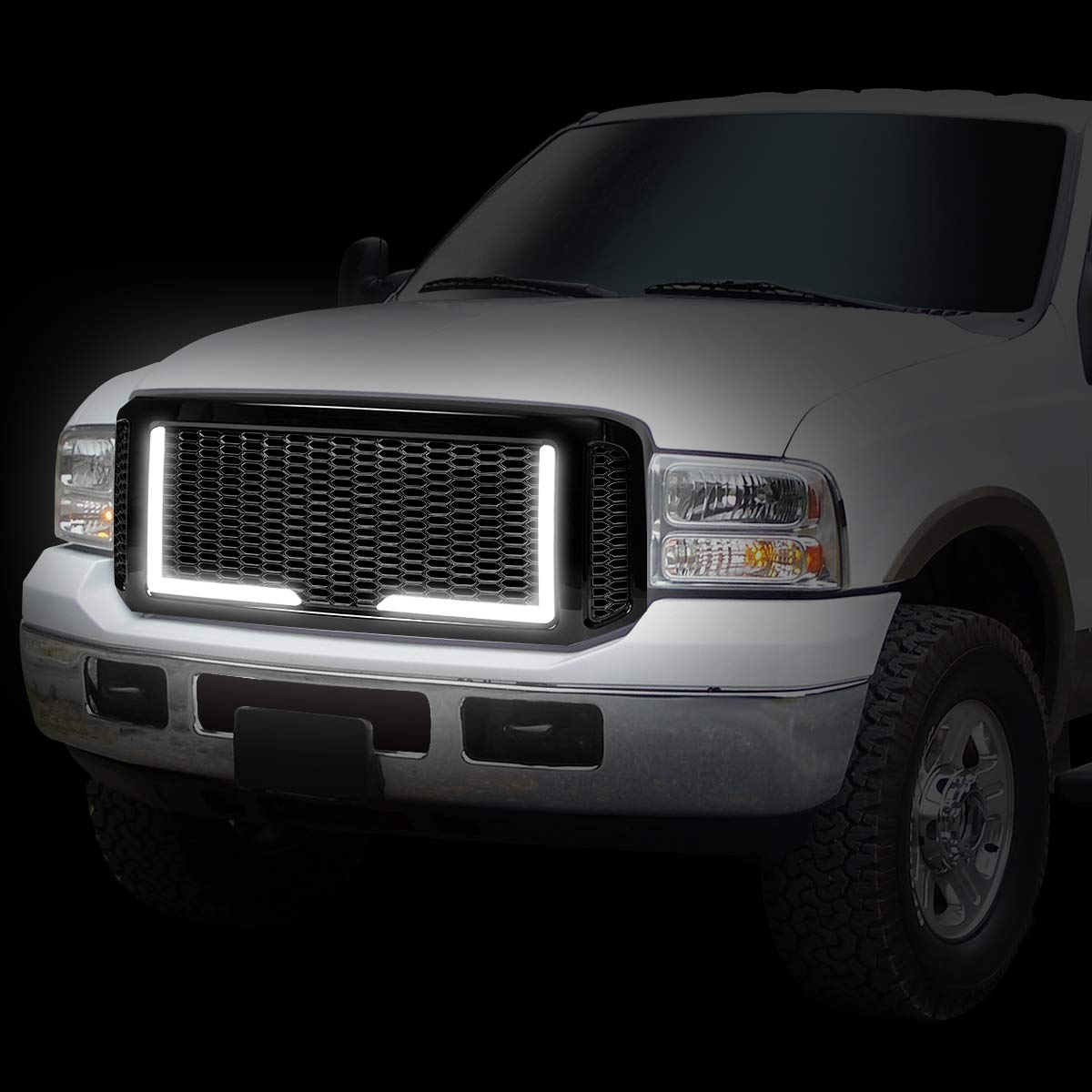 DNA MOTORING GRF-LB-017-BK Gloss Black Badgeless Diamond Mesh LED Front Bumper Grille for 2005-2007 Ford Excursion, F-250 SD/F-350 SD/F-450 SD/F-550 SD - Upgrade Your Truck's Style & Lighting for Off-Road & Custom Builds
