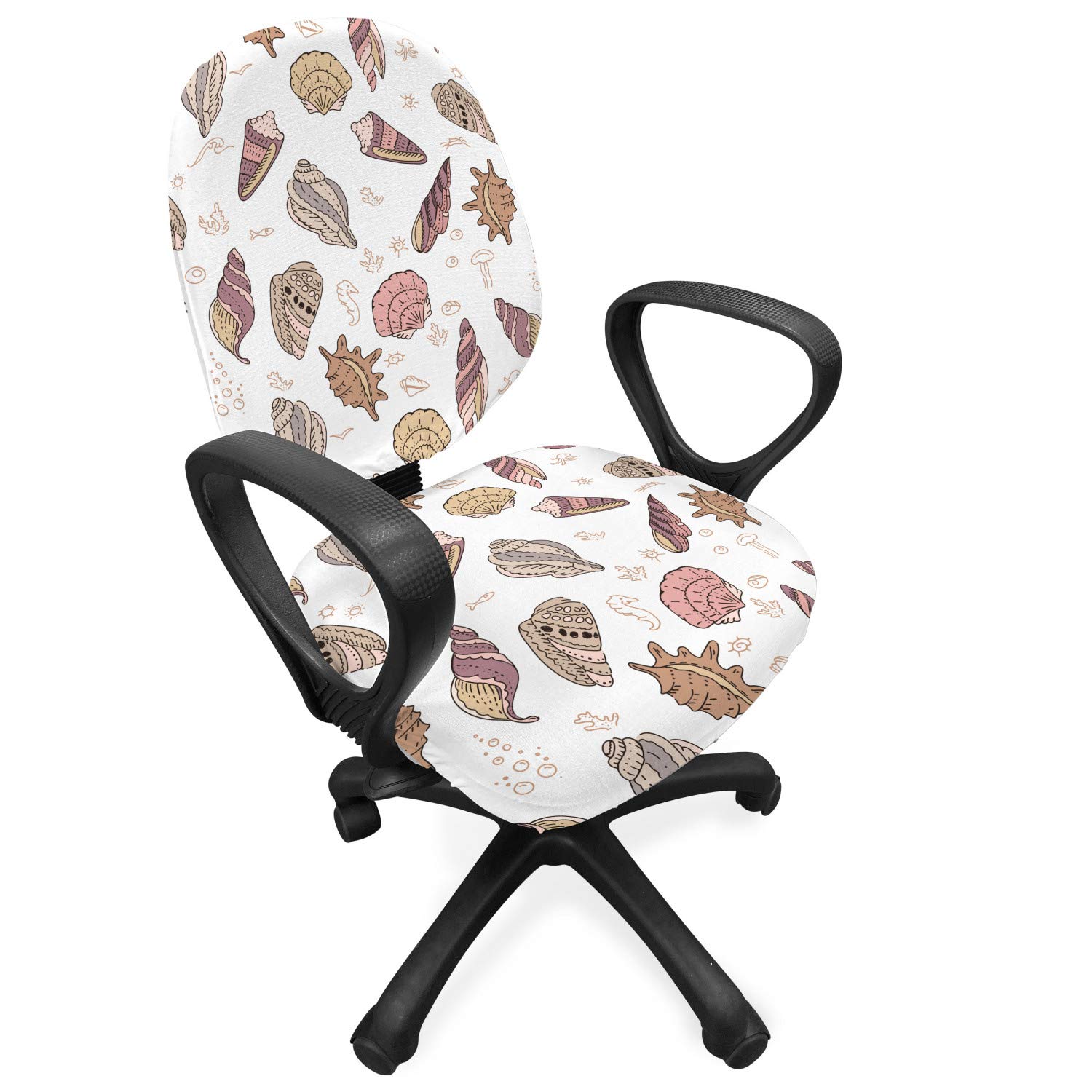 Ambesonne Nautical Office Chair Slipcover - Sun Symbols, Mollusk & Sea Shells Print Stretch Fabric Cover in White Beige Dried Rose | Waterproof Protective Decorative Chair Cover for Home Office, Living Room & Dining Room