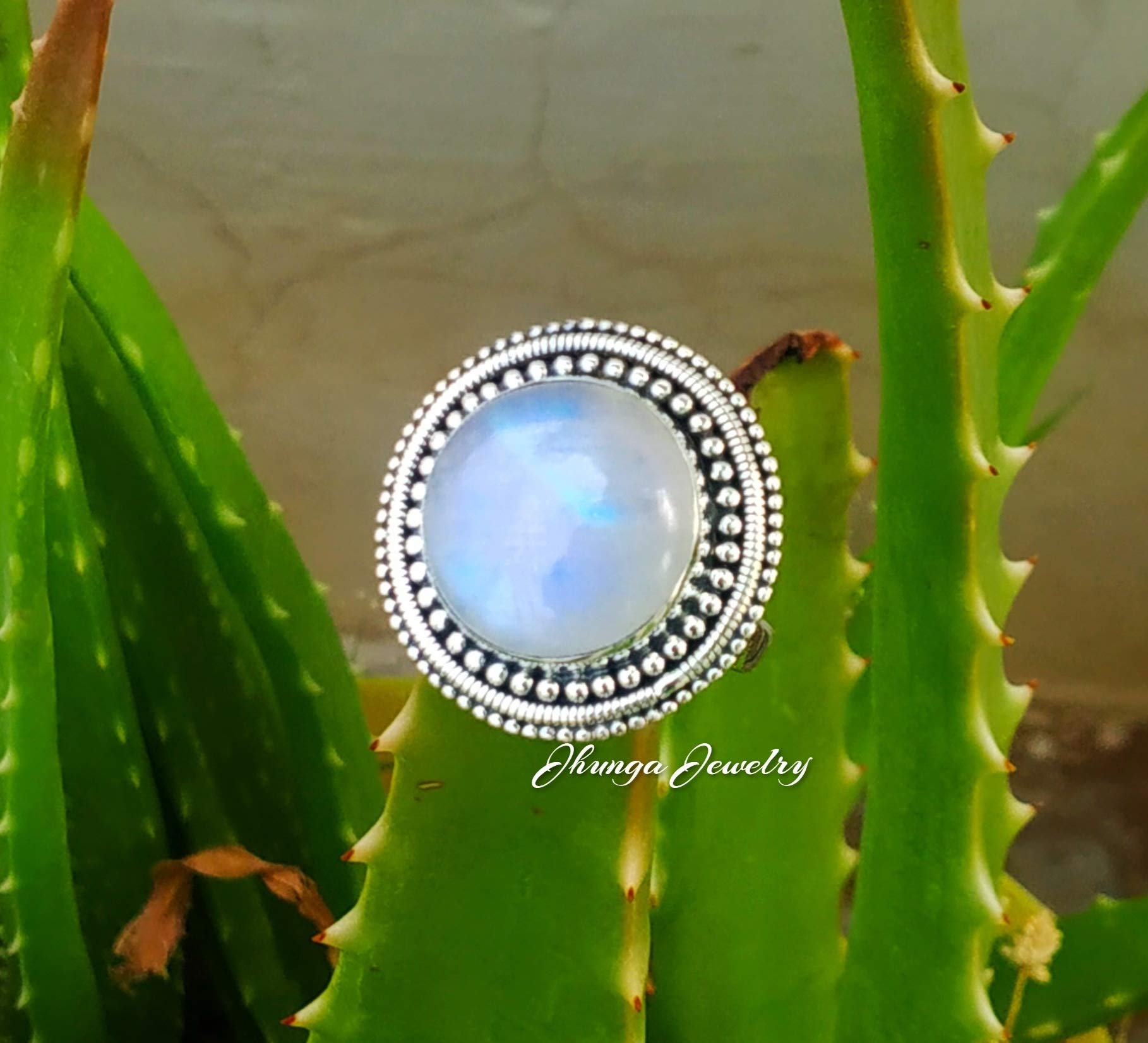 Natural Blue Flash Moonstone Ring - 925 Sterling Silver Artisan Jewelry with Rainbow Effect & Dotted Design | Wide Band Engagement Ring for Women/Men | Perfect Bridal Gift, Wedding Jewelry & Everyday Boho Chic Accessory