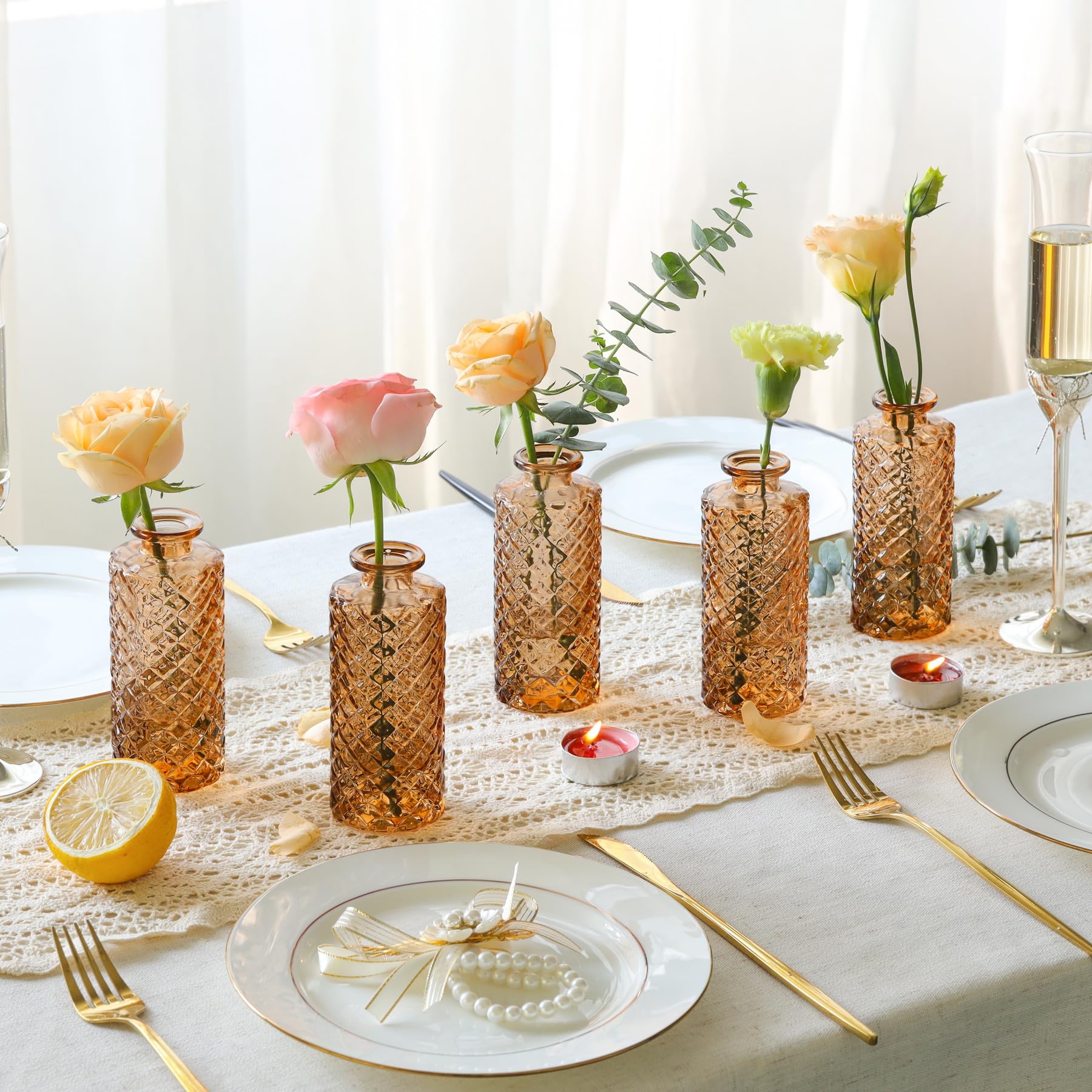 ComSaf Set of 6 Small Diamond Glass Bud Vases - Mini Flower Vases for Wedding Centerpieces, Table Decor, Home Decor, Reception Decor - Perfect for Weddings, Parties, and Home Decoration (Amber)