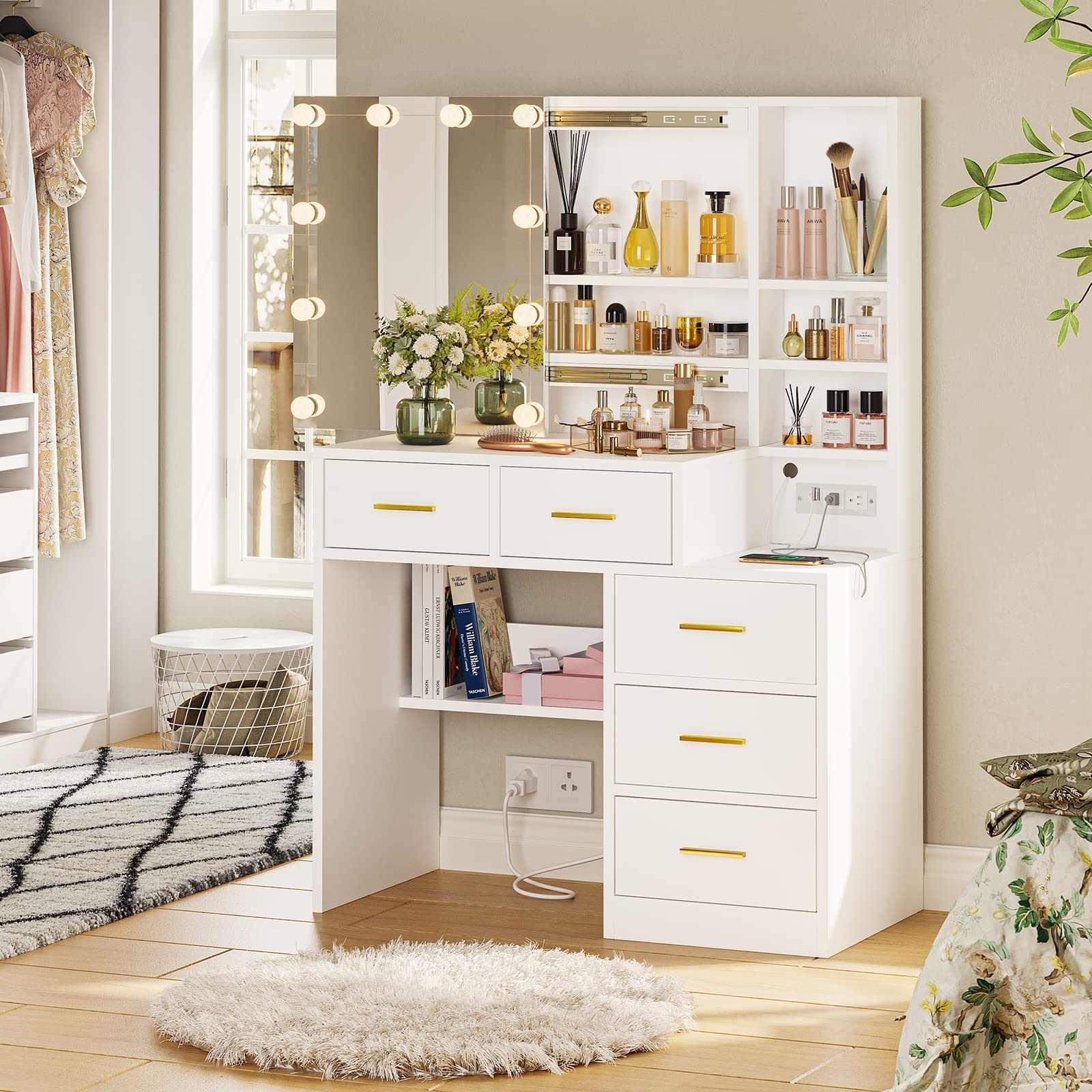 Modern White Vanity Desk with Sliding Mirror, LED Lights & USB Charging Station - 5 Drawers Makeup Table with Hidden & Open Storage Shelves - Perfect for Bedroom, Dressing Room & Home Beauty Salon